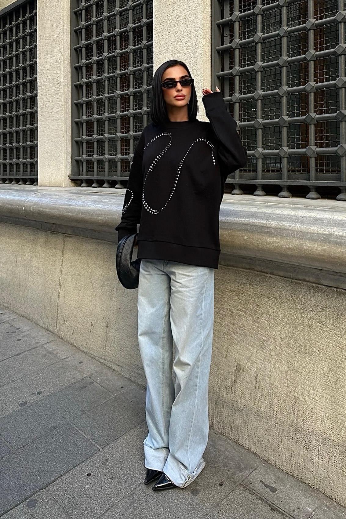 S5K8052Gümüş Taşlı Sweatshirt 8052