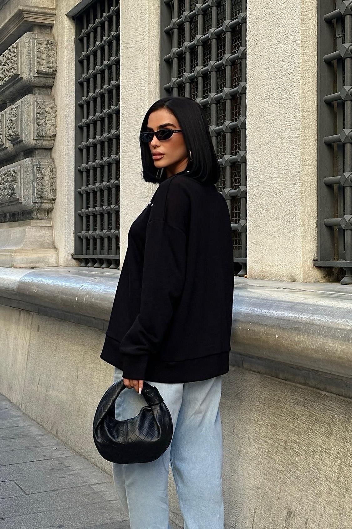 S5K8052Gümüş Taşlı Sweatshirt 8052