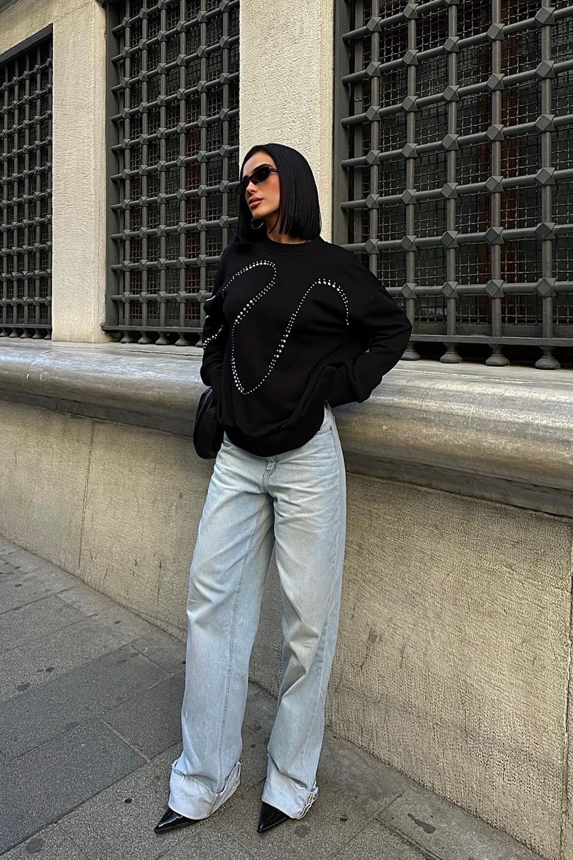 S5K8052Gümüş Taşlı Sweatshirt 8052