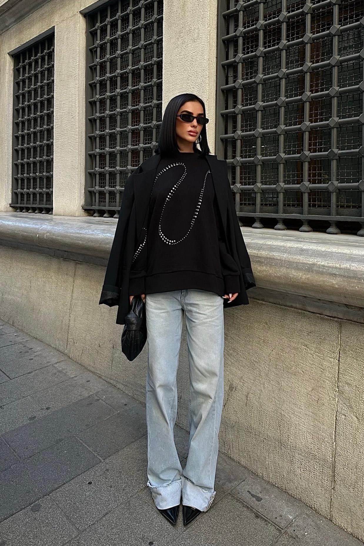 S5K8052Gümüş Taşlı Sweatshirt 8052