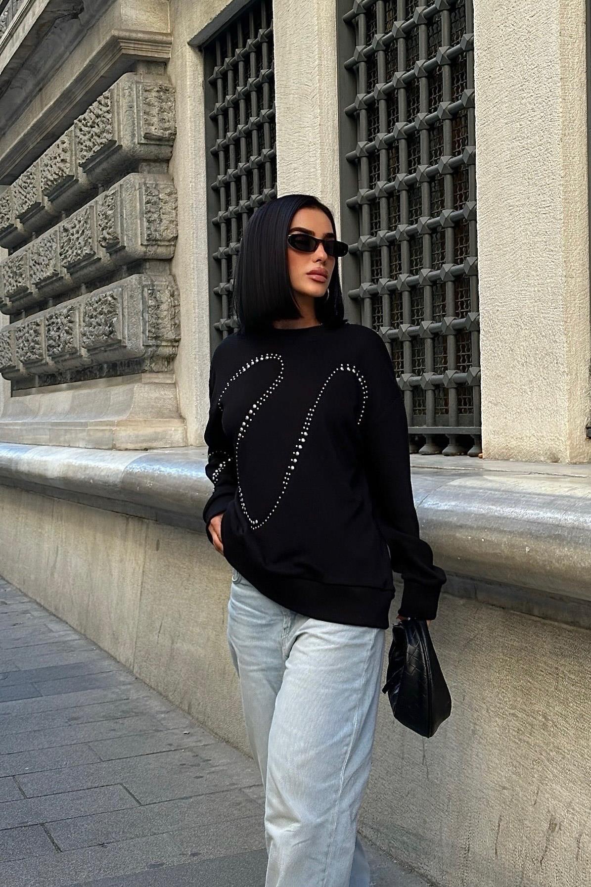 S5K8052Gümüş Taşlı Sweatshirt 8052