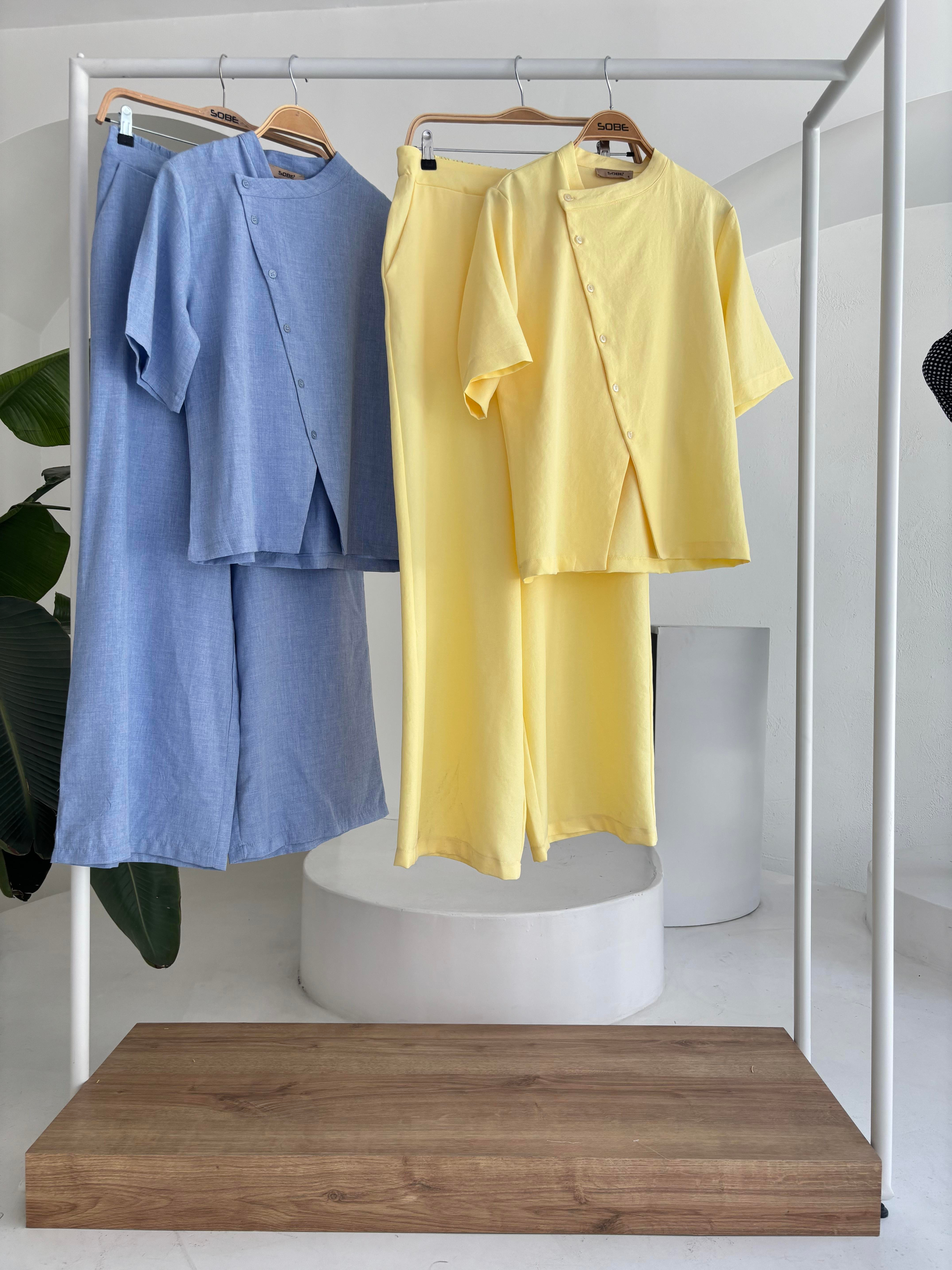 S5Y10209Grandad Collar Cross Button Plazzo Trousers Viscose Linen Suit 10209