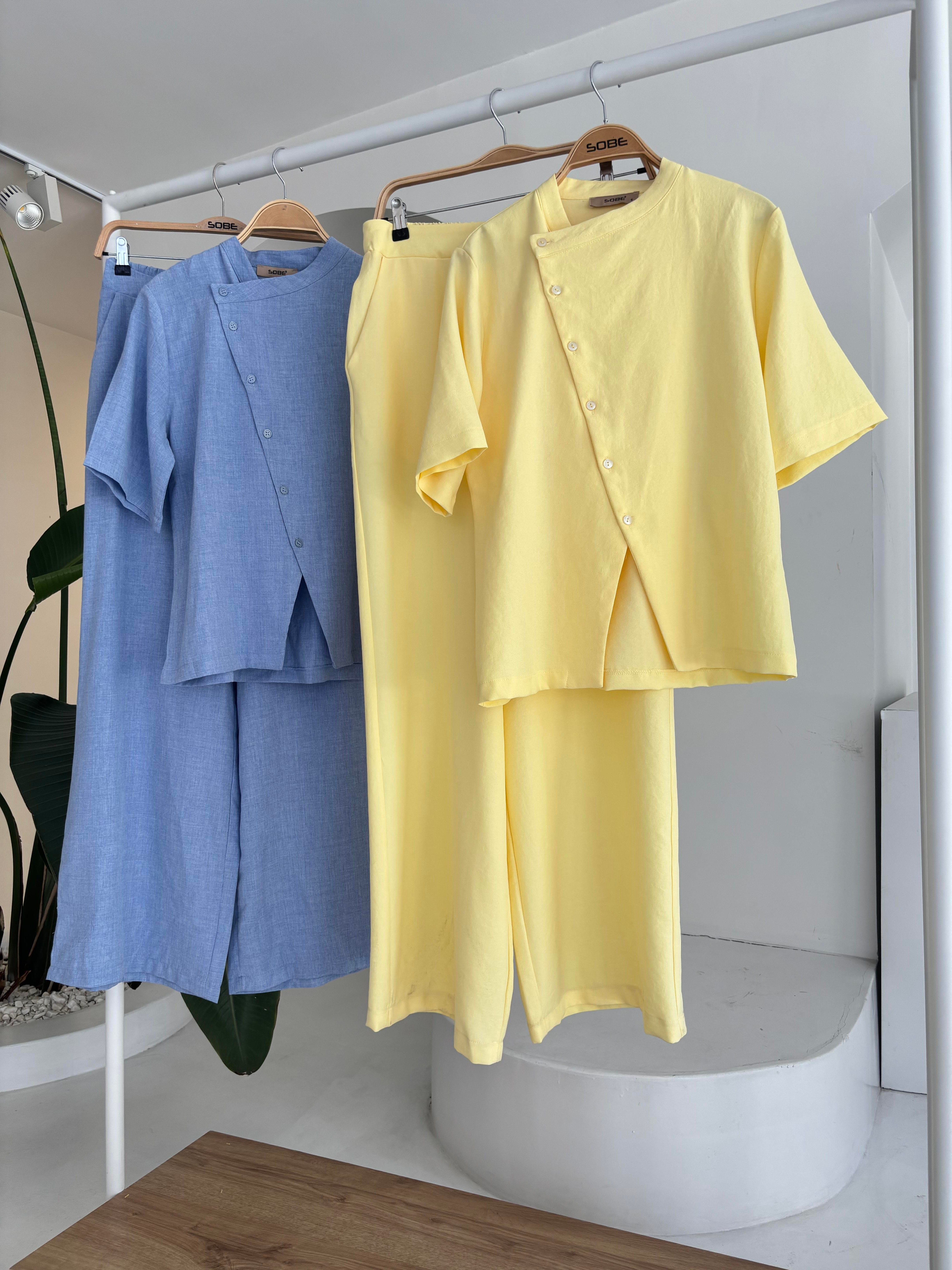 S5Y10209Grandad Collar Cross Button Plazzo Trousers Viscose Linen Suit 10209
