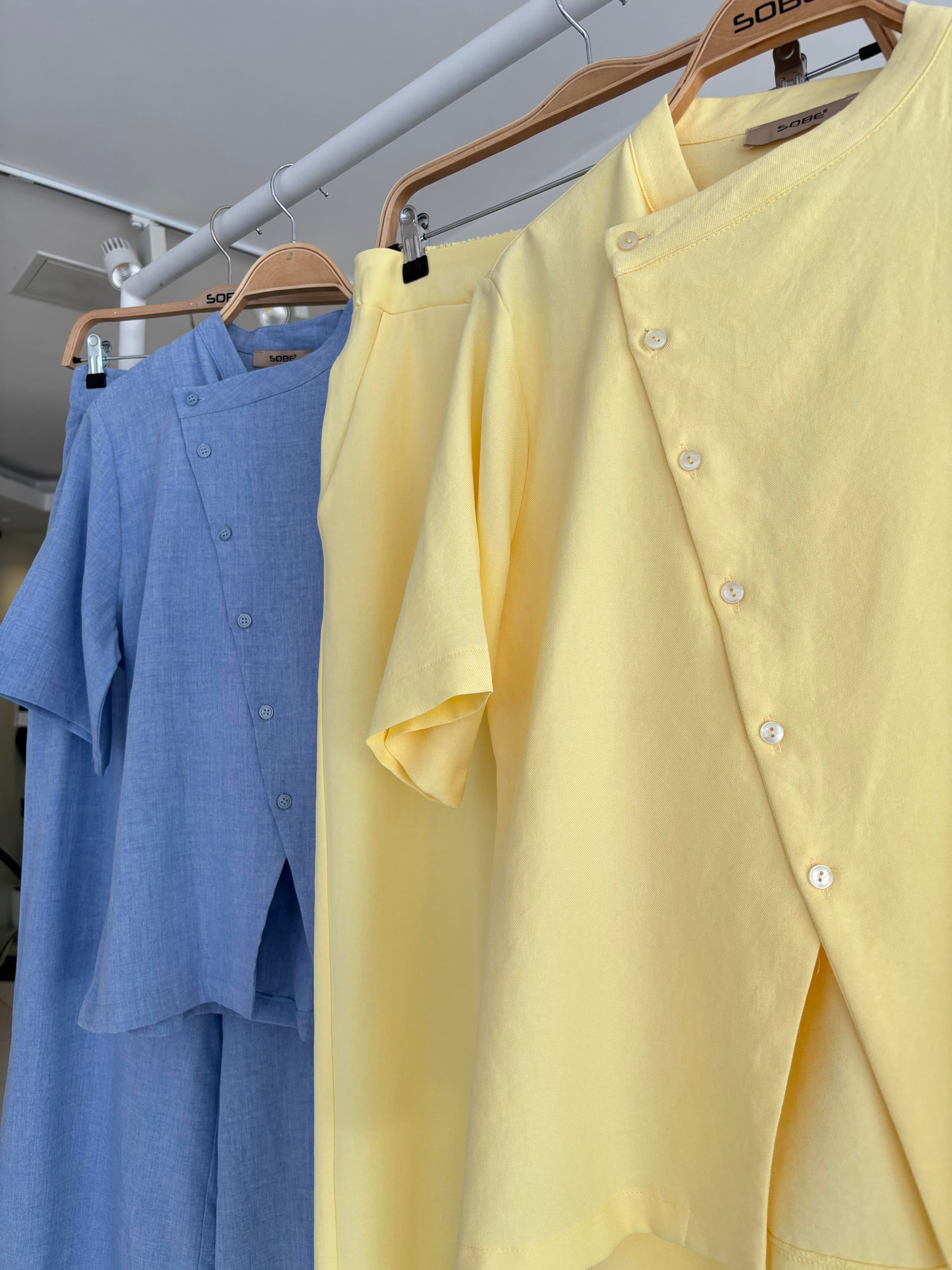 S5Y10209Grandad Collar Cross Button Plazzo Trousers Viscose Linen Suit 10209