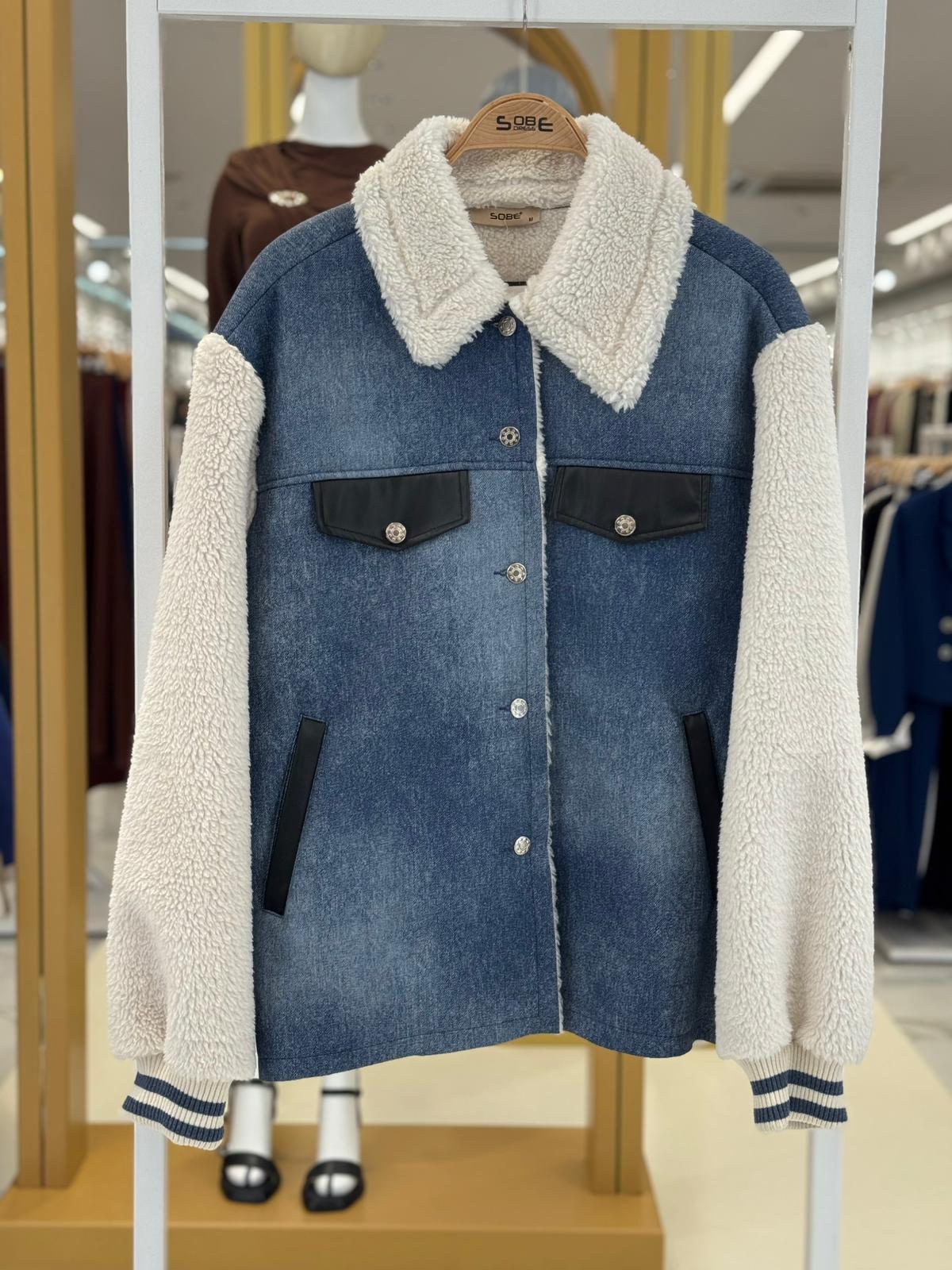 S5K6116İçi Kürklü Deri Garnili Denim Görünümlü Ceket 6116