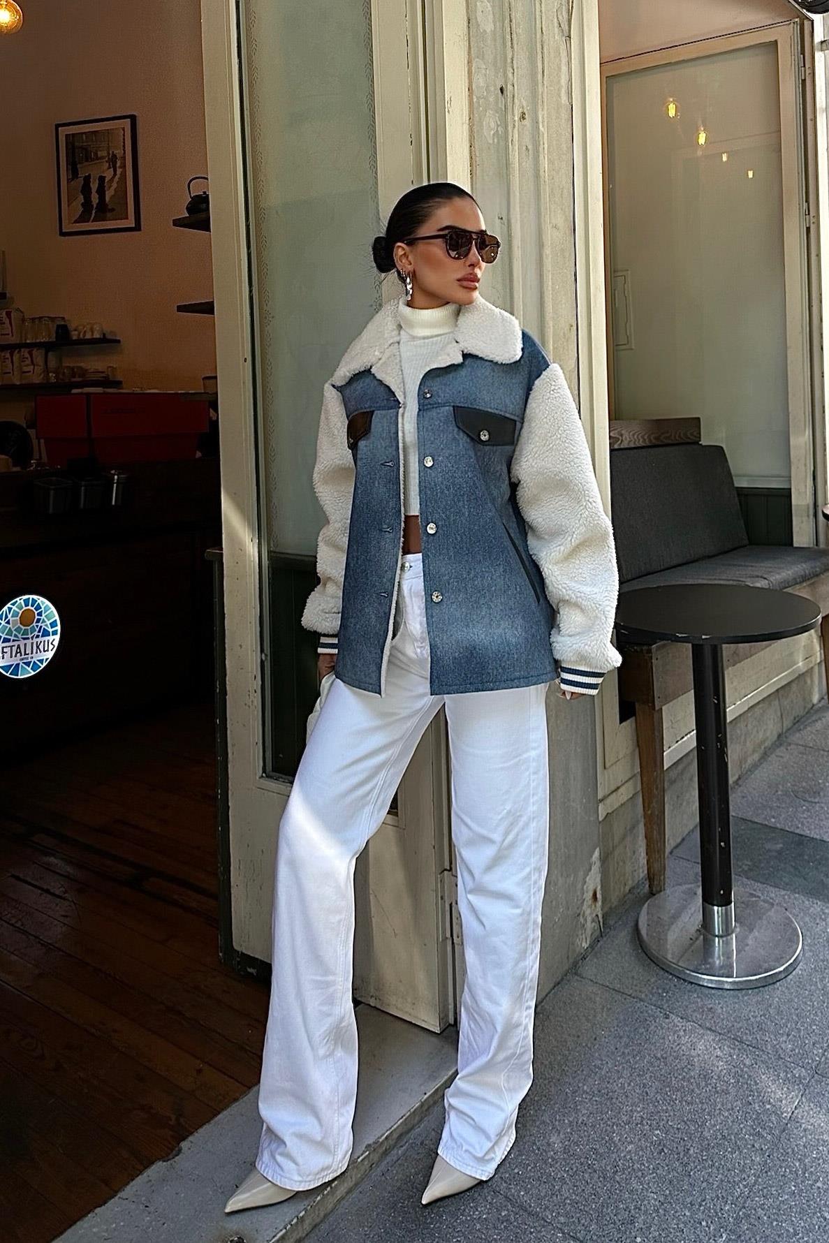S5K6116İçi Kürklü Deri Garnili Denim Görünümlü Ceket 6116