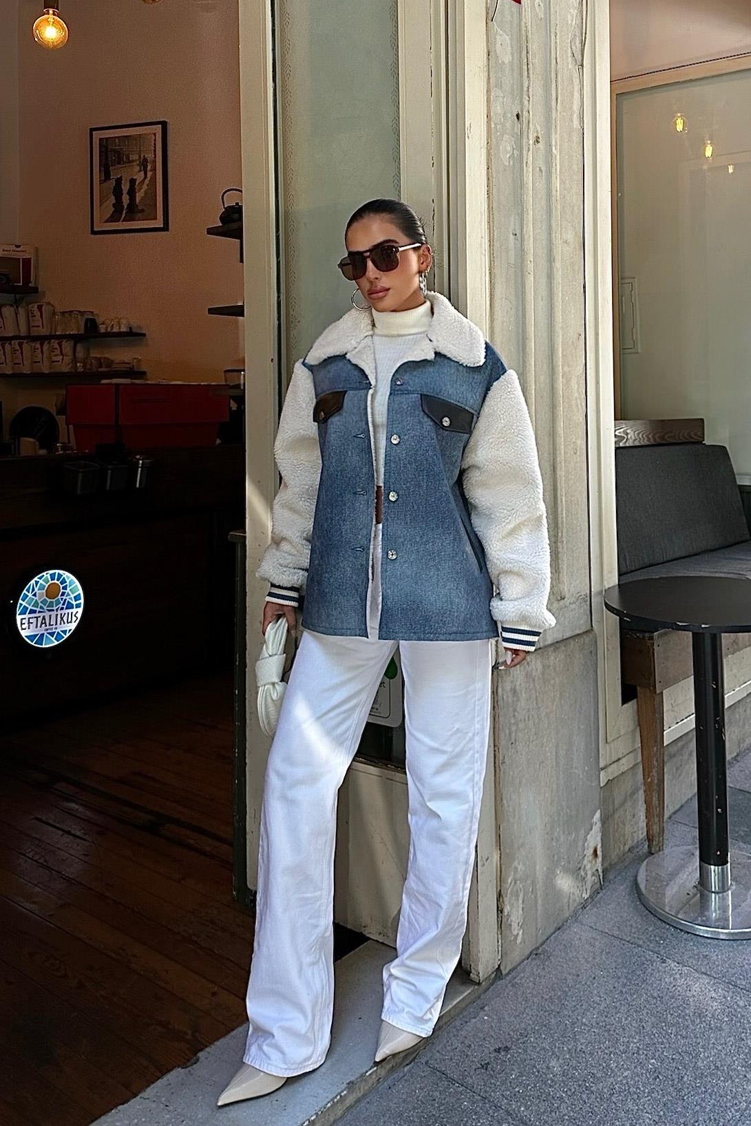 S5K6116İçi Kürklü Deri Garnili Denim Görünümlü Ceket 6116