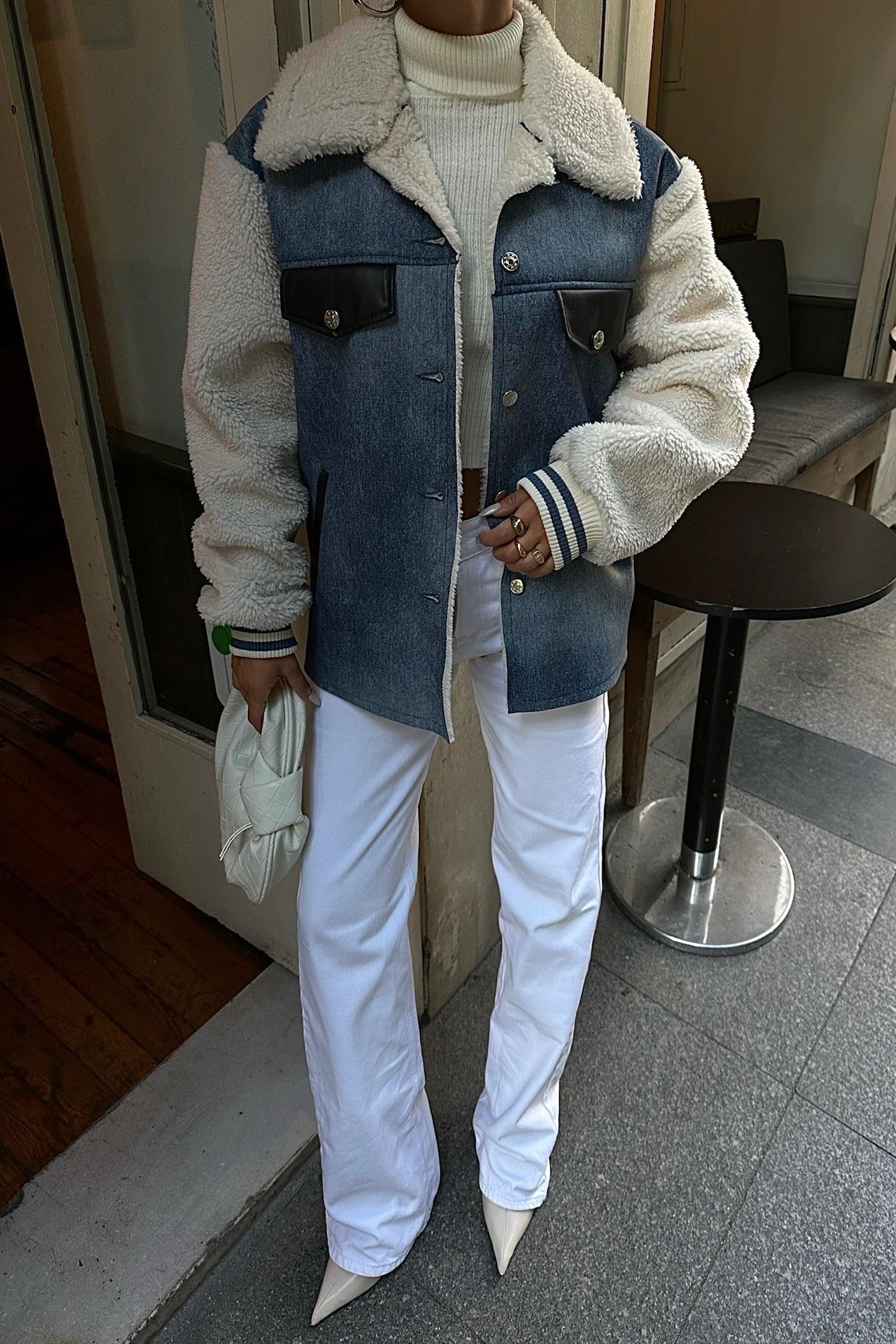 S5K6116İçi Kürklü Deri Garnili Denim Görünümlü Ceket 6116
