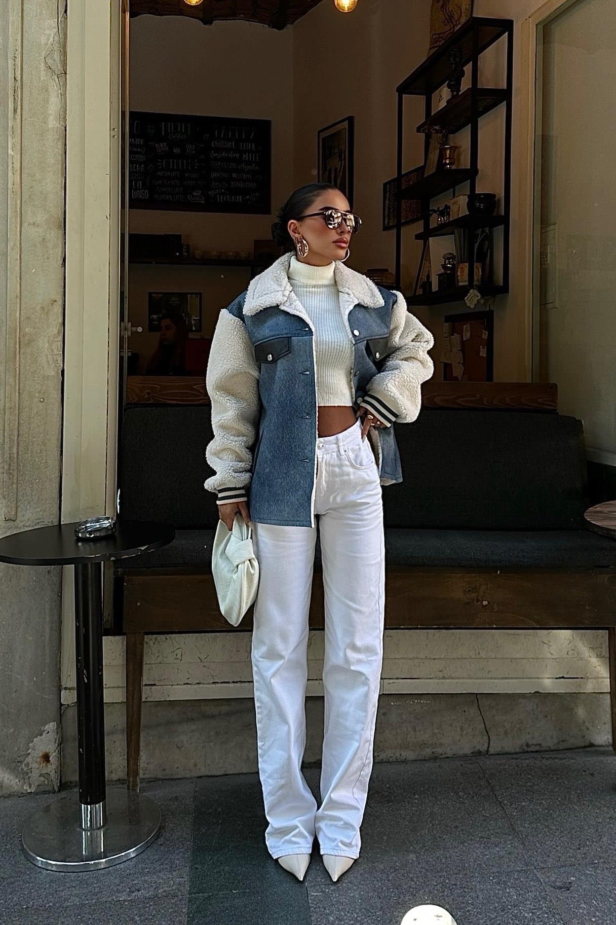 S5K6116İçi Kürklü Deri Garnili Denim Görünümlü Ceket 6116