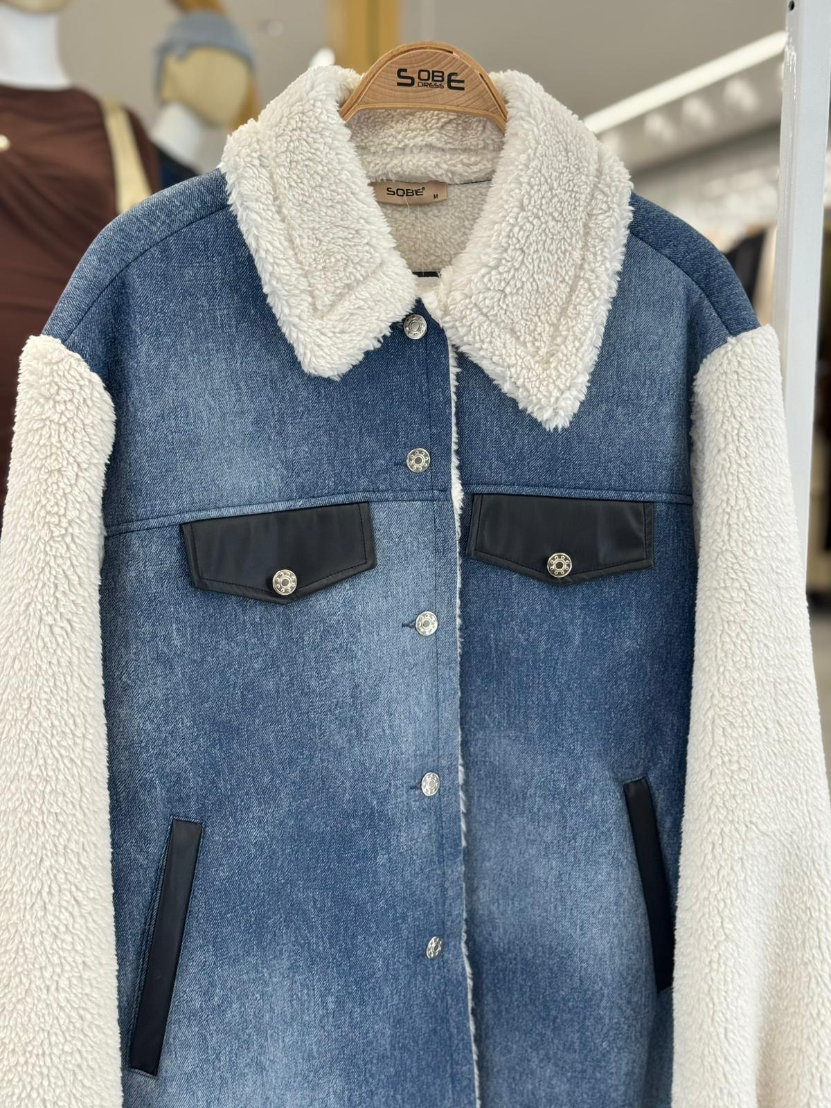 S5K6116İçi Kürklü Deri Garnili Denim Görünümlü Ceket 6116