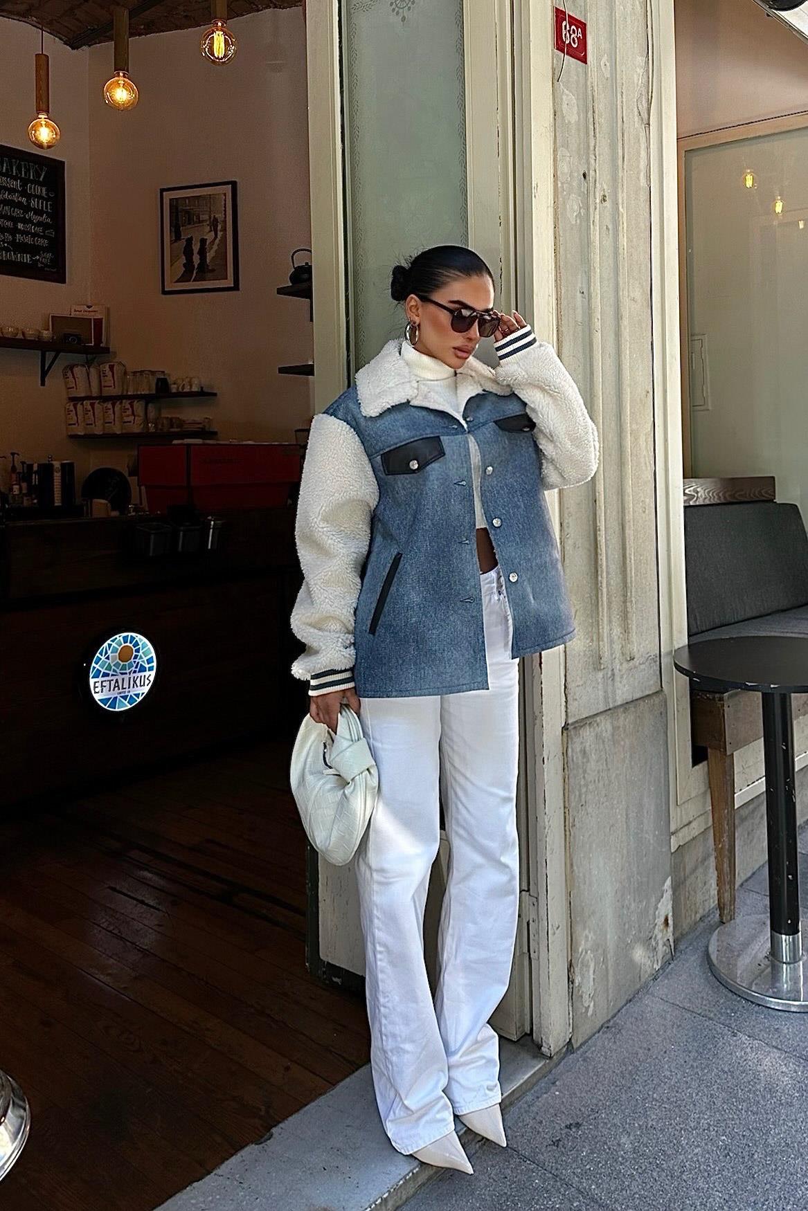 S5K6116İçi Kürklü Deri Garnili Denim Görünümlü Ceket 6116