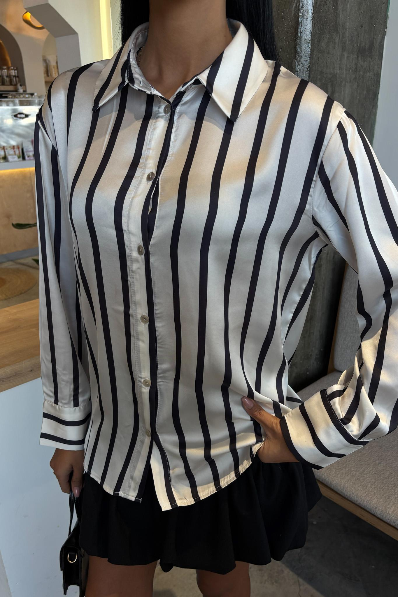 S5Y3434İnce Çizgili Saten Gömlek 3434