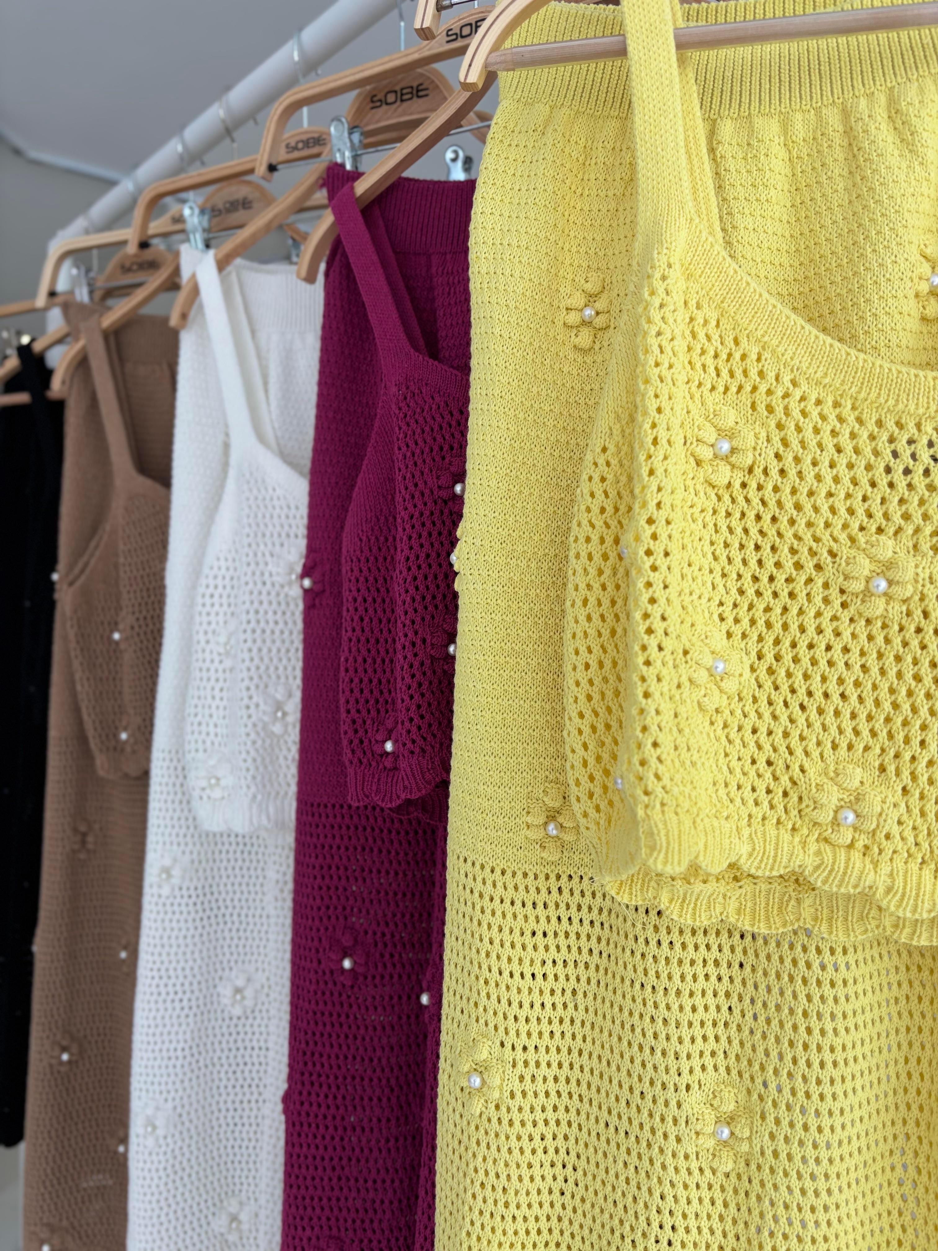 S5Y10100Pearl and Flower Detailed Bustier Knitwear Suit 10100