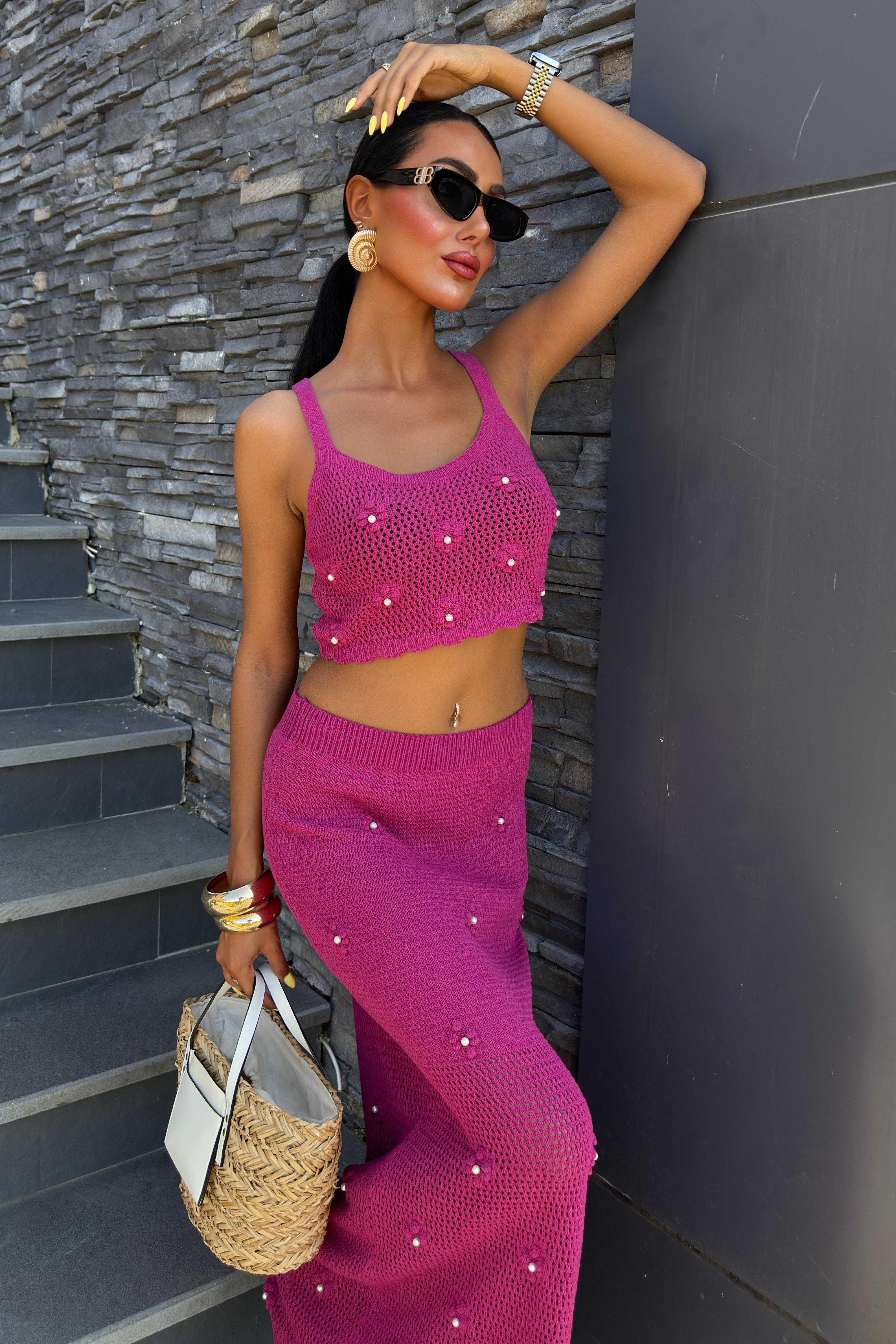 S5Y10100Pearl and Flower Detailed Bustier Knitwear Suit 10100