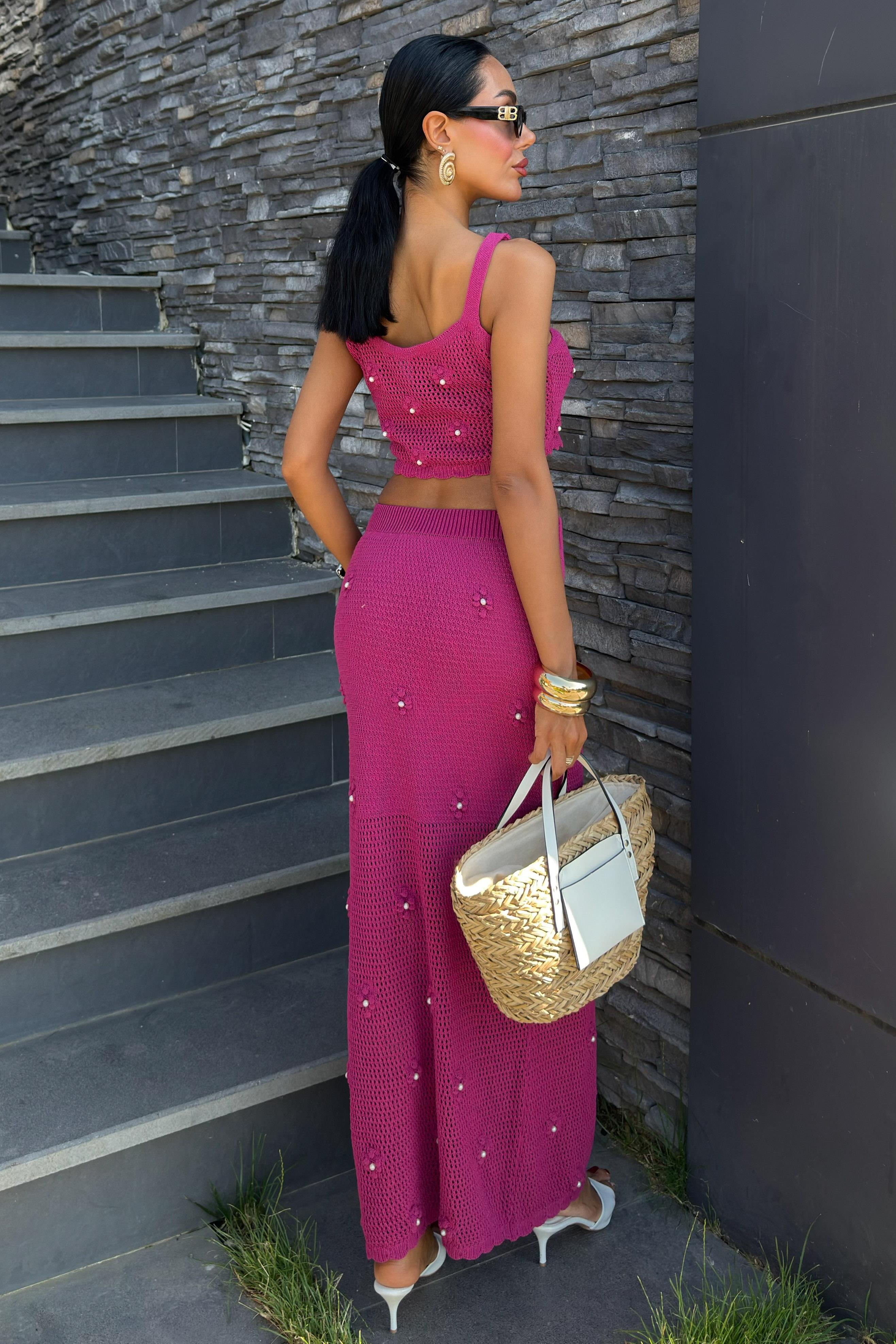 S5Y10100Pearl and Flower Detailed Bustier Knitwear Suit 10100