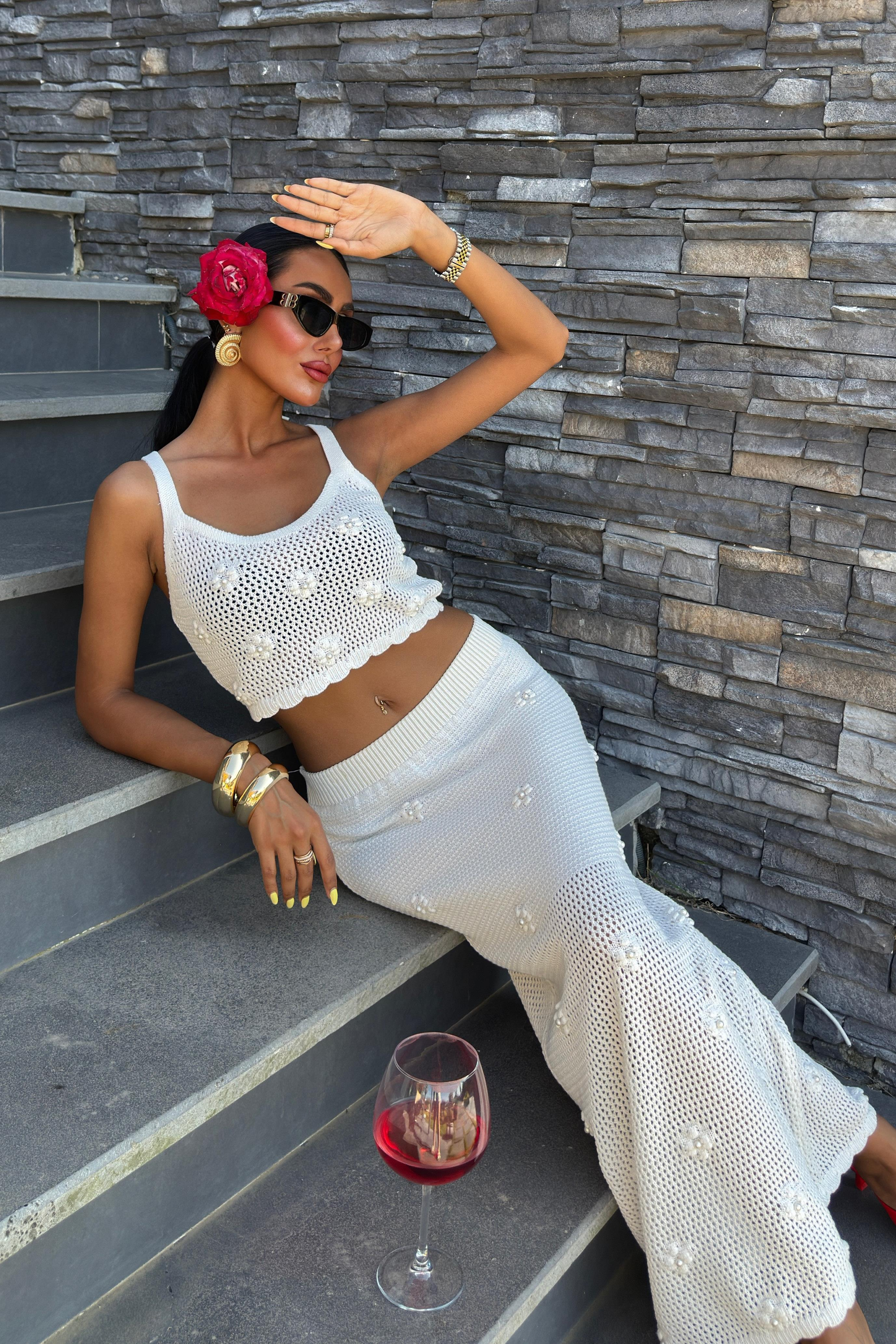 S5Y10100Pearl and Flower Detailed Bustier Knitwear Suit 10100