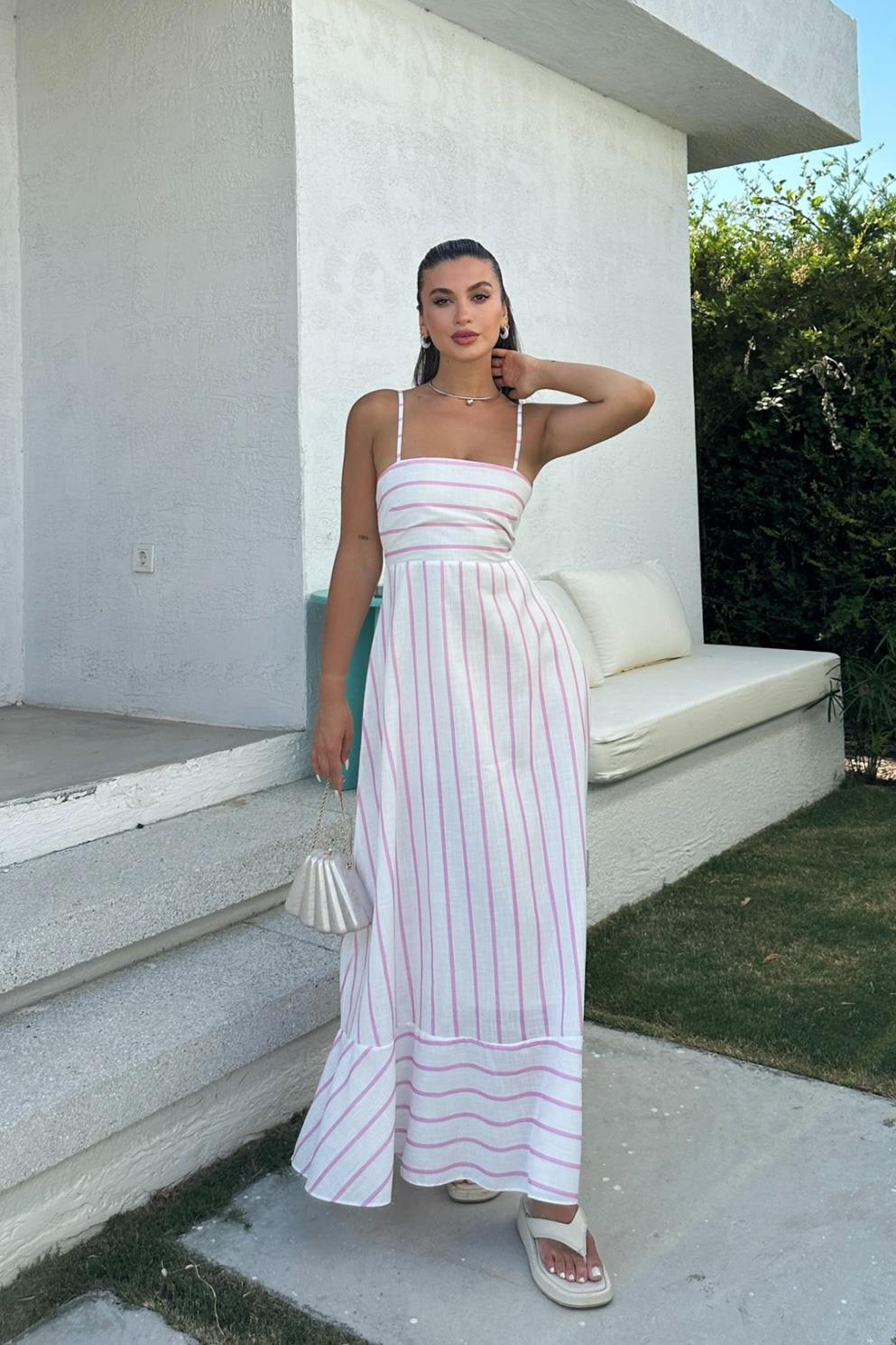 S4Y2747Jenny Volanlı Çizgi Desen Elbise2747-8