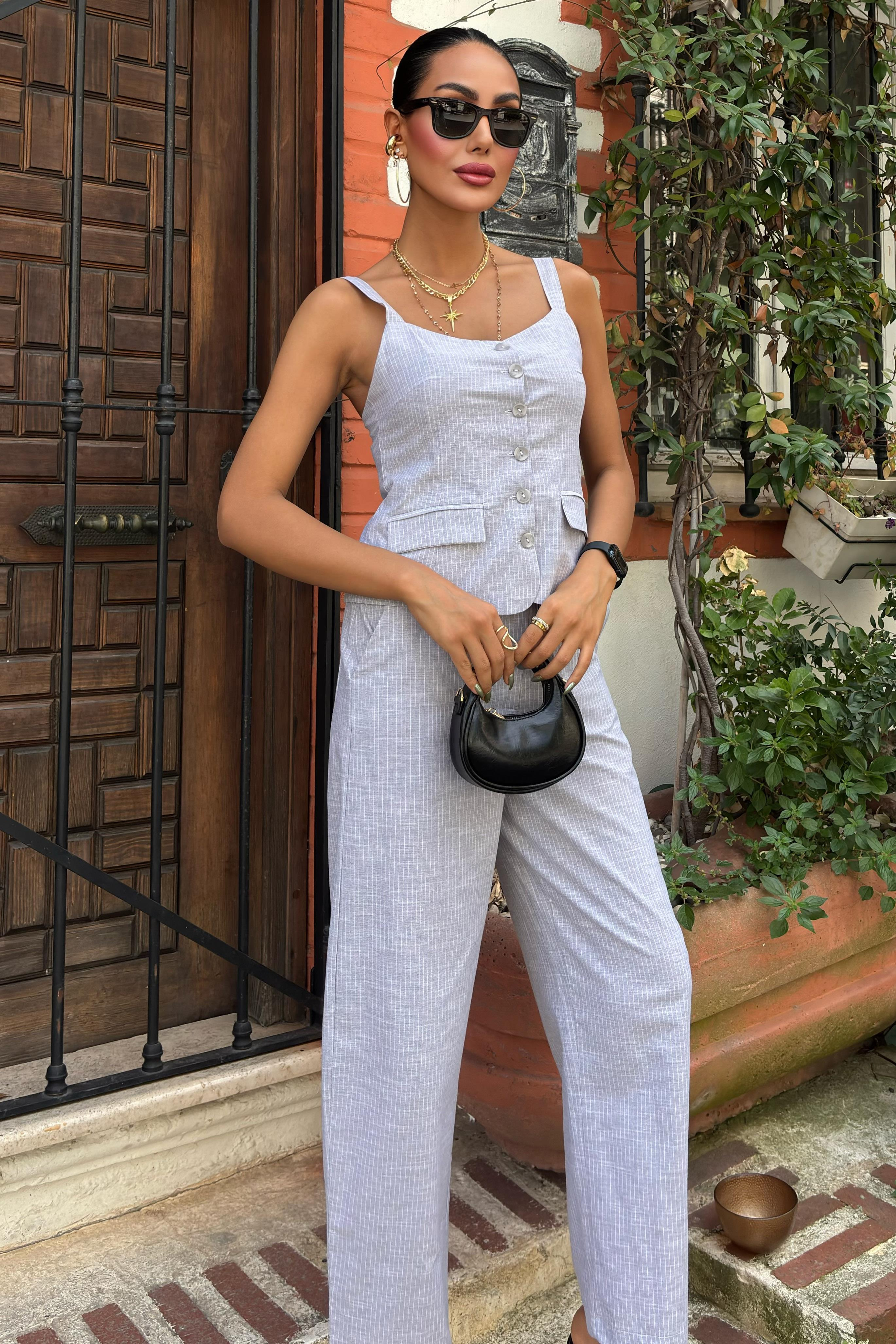 S5Y10187Kalın Askılı Bluz Pantolon Keten Takım 10187