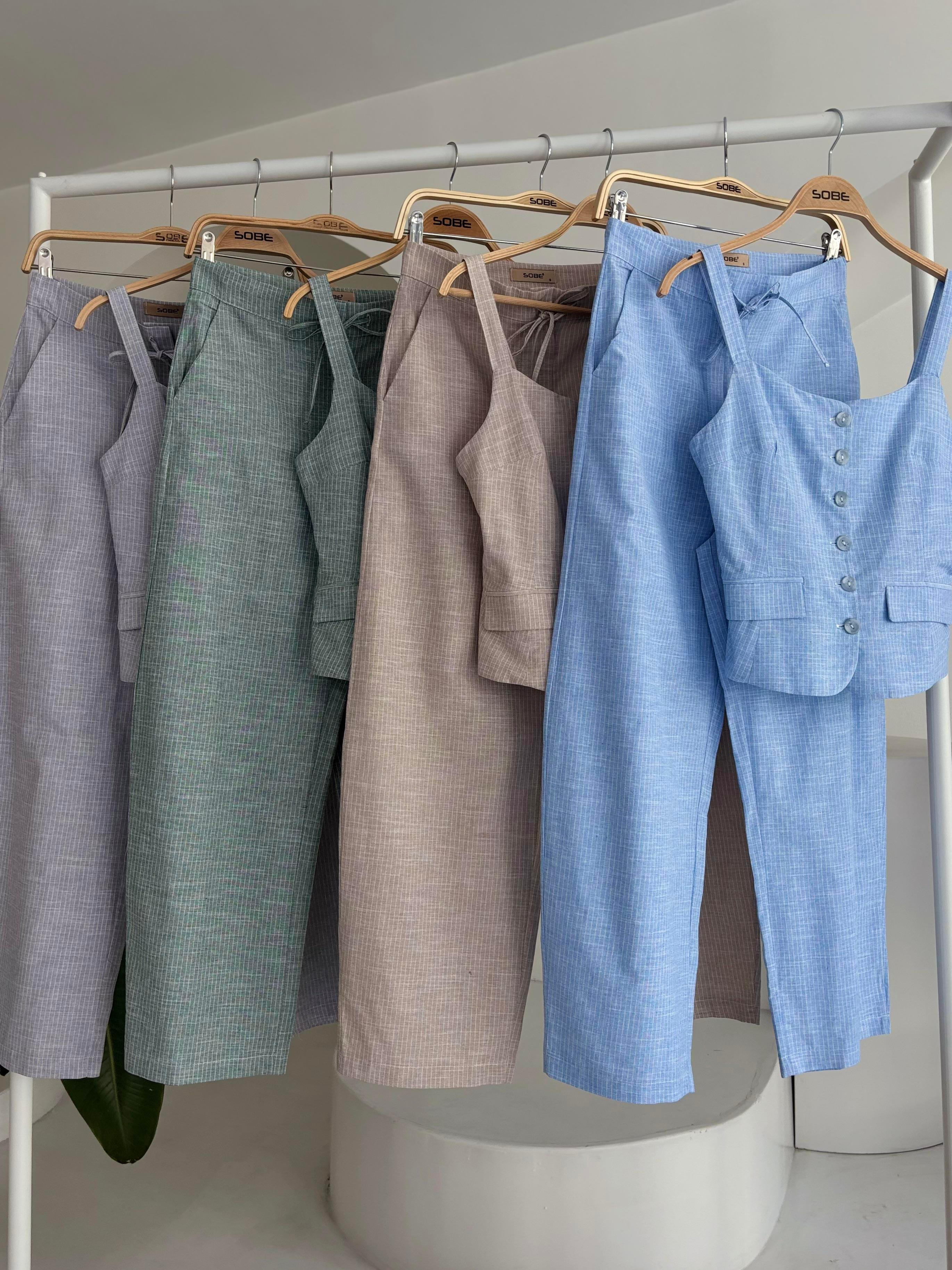 S5Y10187Kalın Askılı Bluz Pantolon Keten Takım 10187