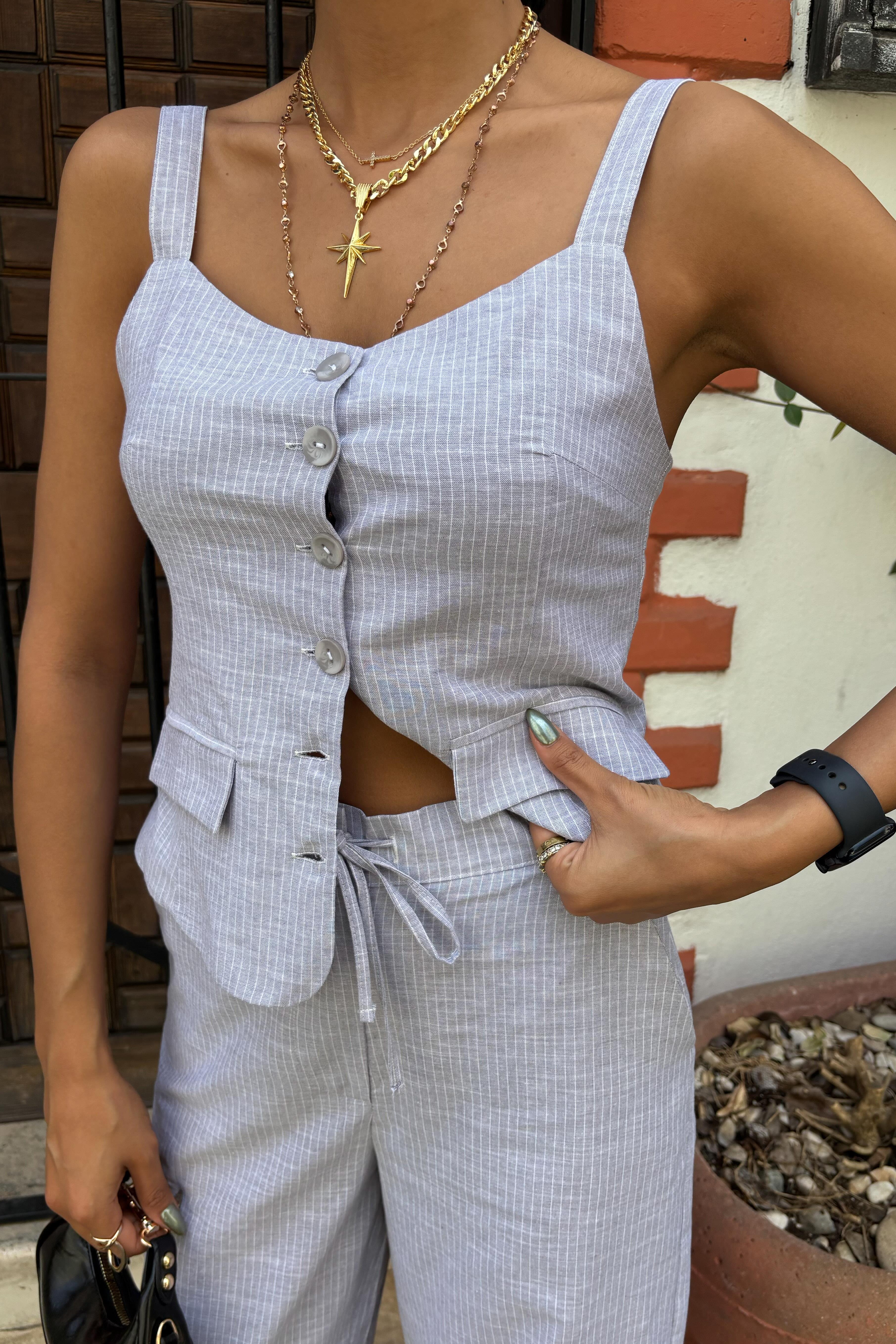 S5Y10187Kalın Askılı Bluz Pantolon Keten Takım 10187