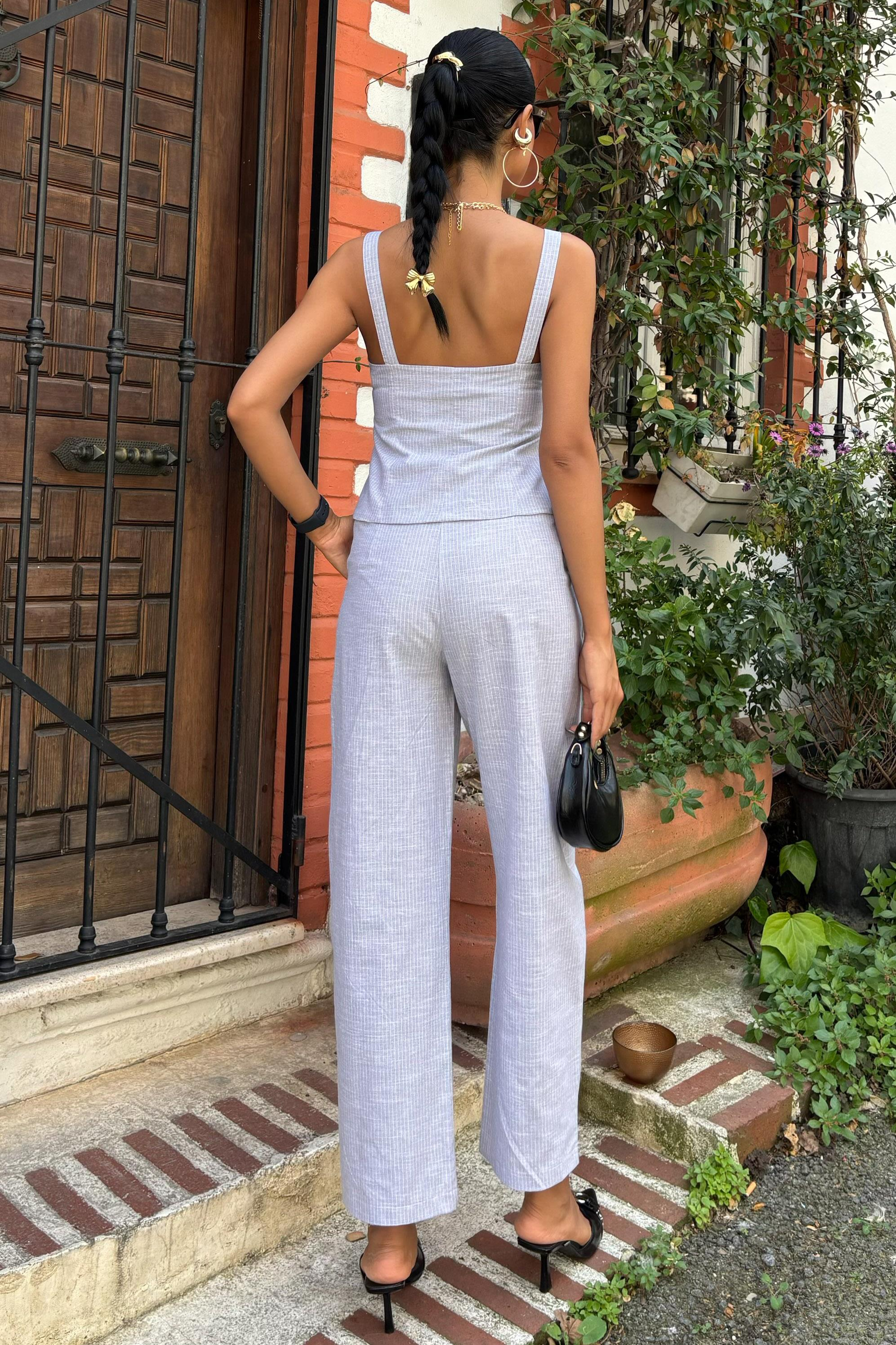 S5Y10187Kalın Askılı Bluz Pantolon Keten Takım 10187