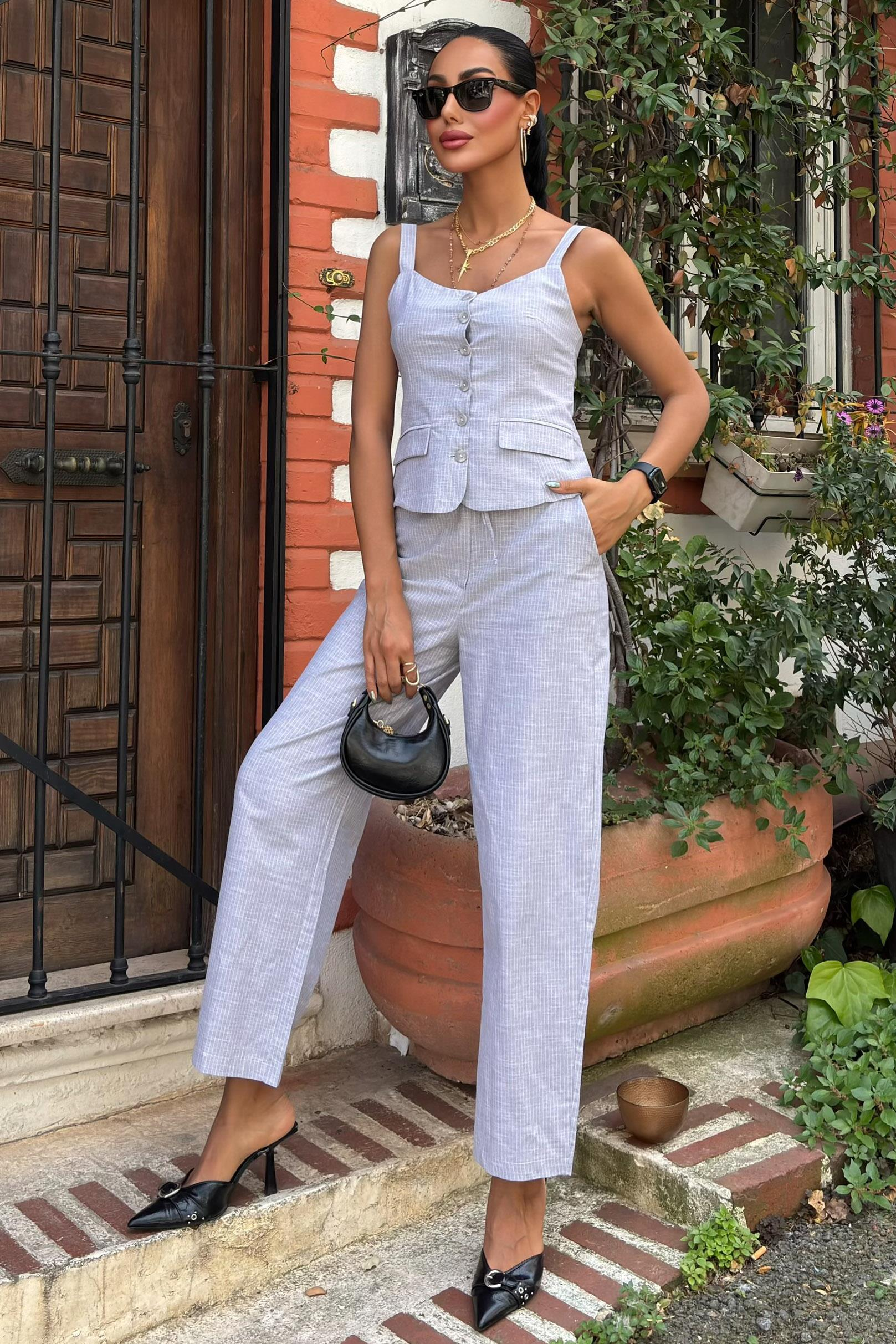 S5Y10187Kalın Askılı Bluz Pantolon Keten Takım 10187