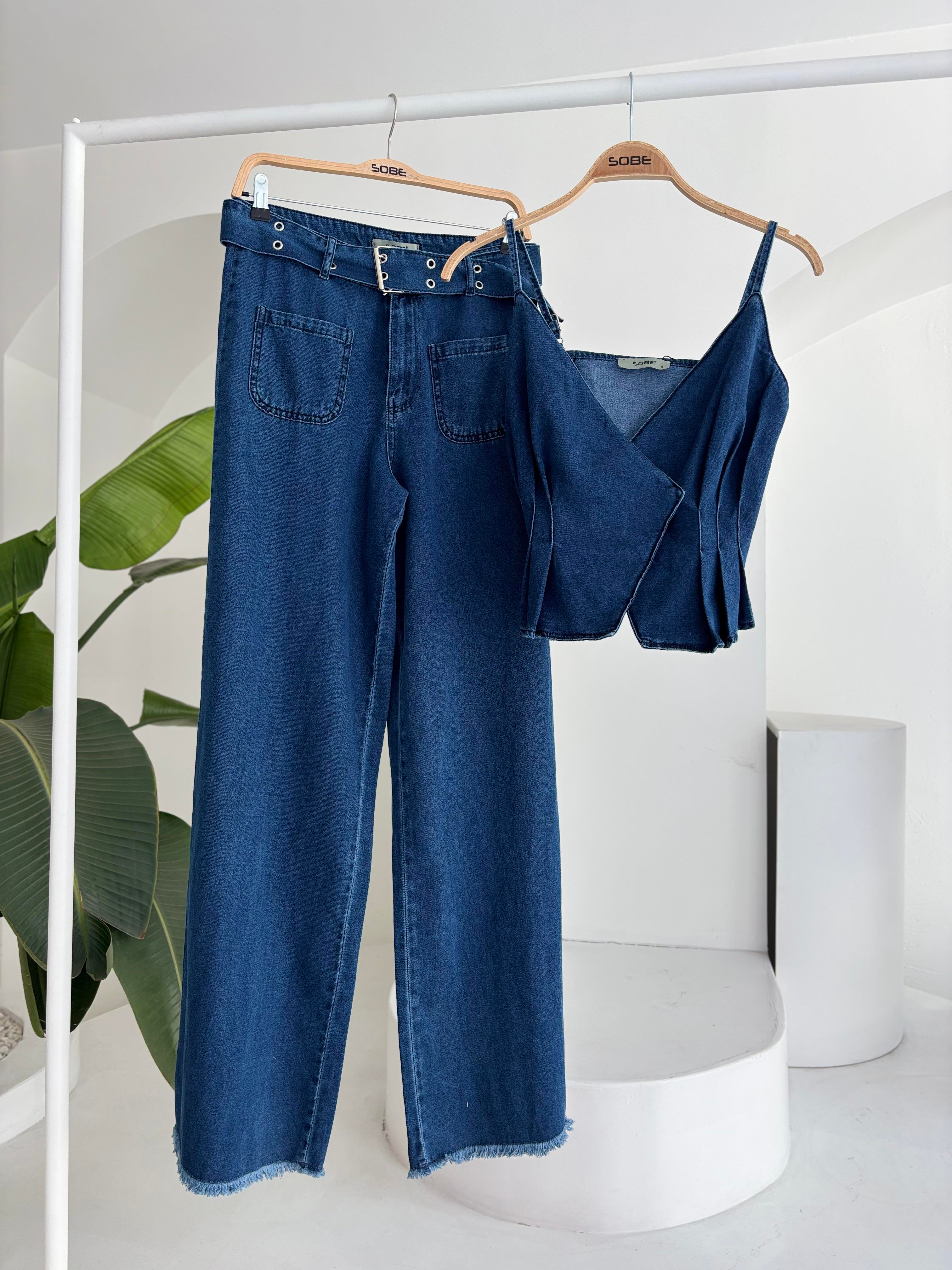 S5Y10166Kalın Kemer Detaylı Denim Takım 10166