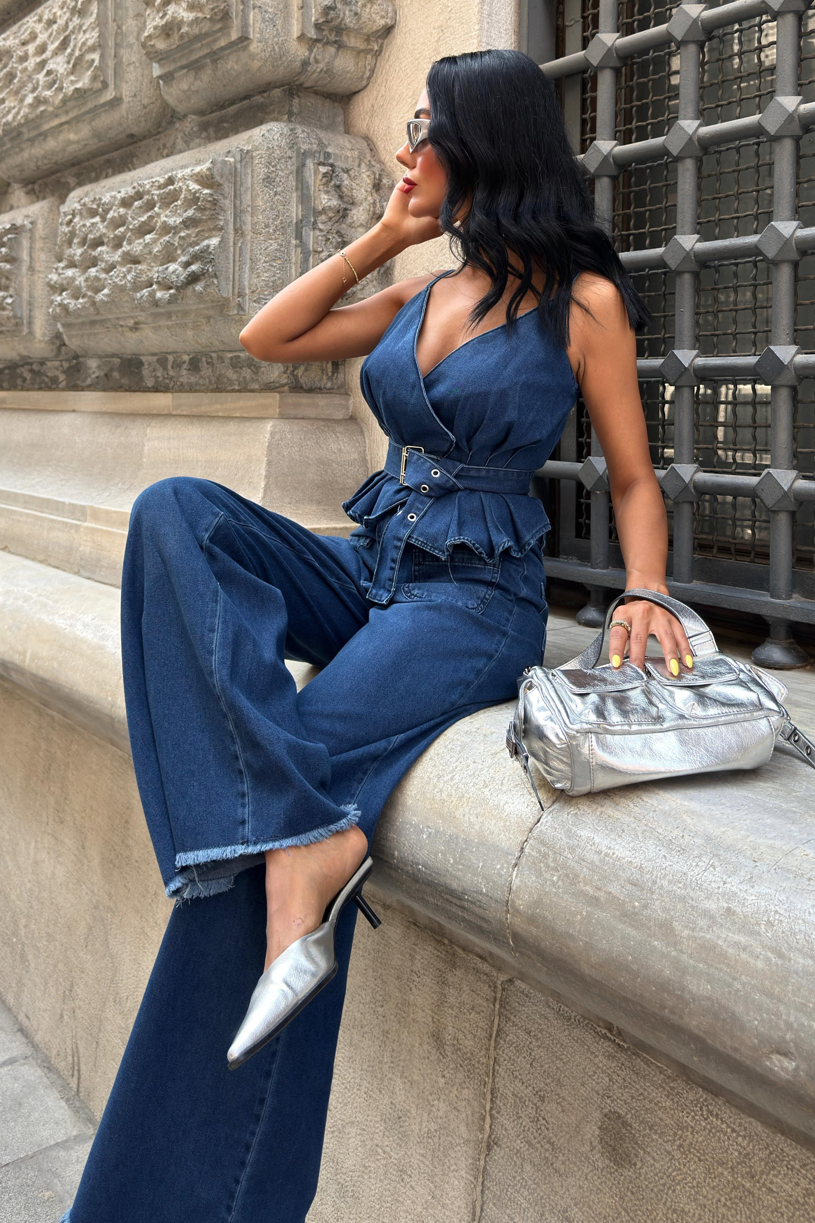 S5Y10166Kalın Kemer Detaylı Denim Takım 10166