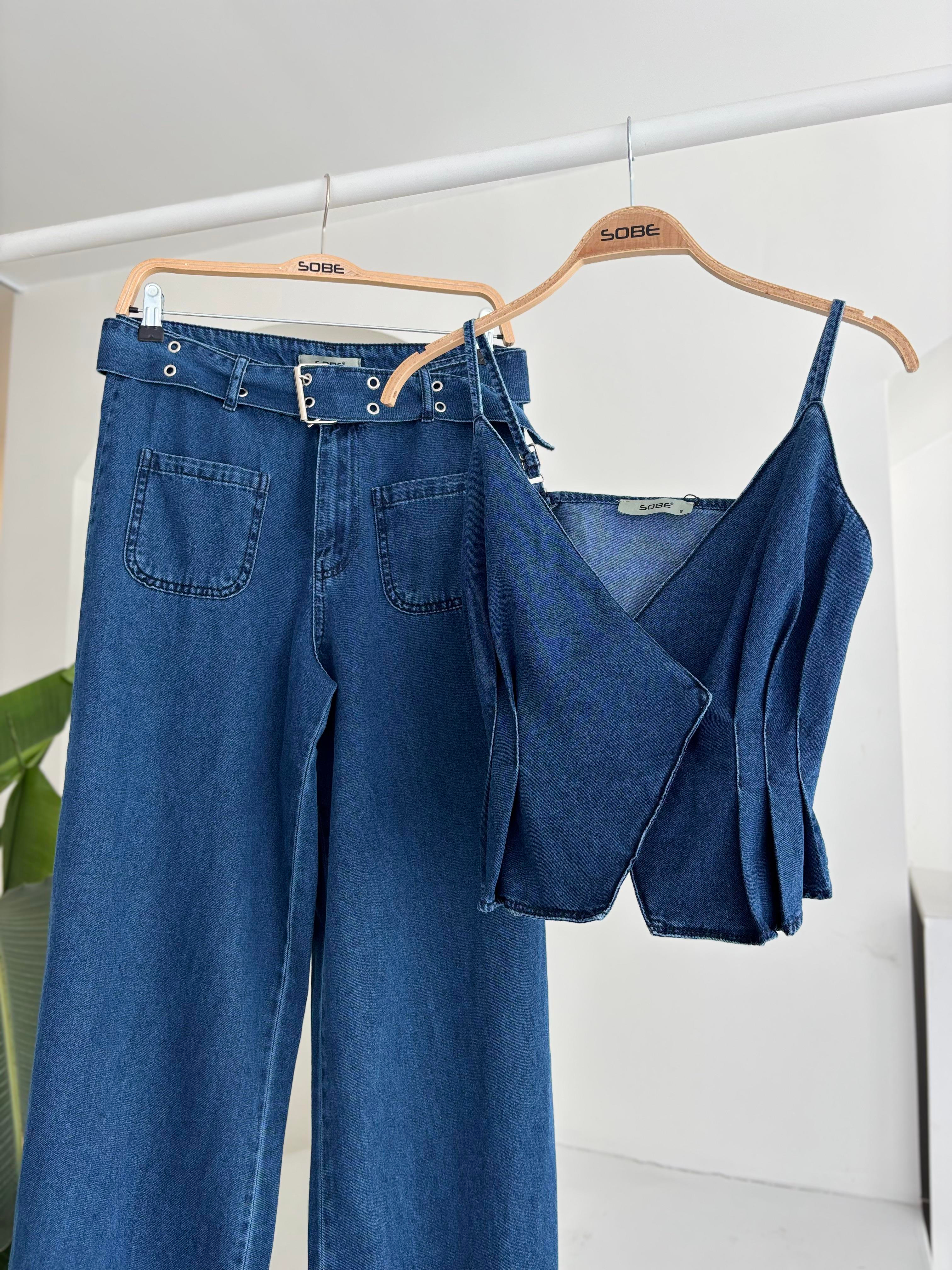 S5Y10166Kalın Kemer Detaylı Denim Takım 10166