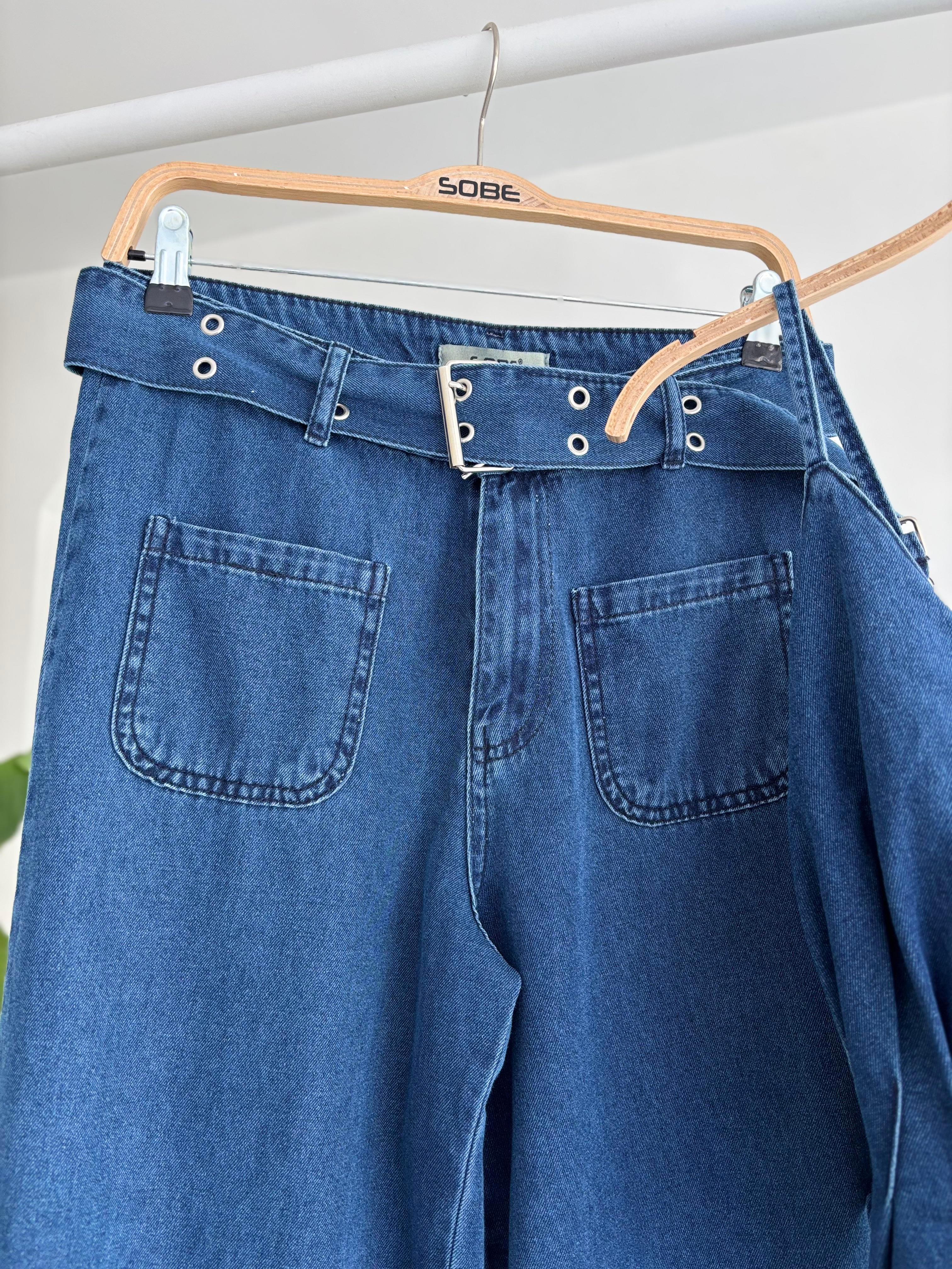 S5Y10166Kalın Kemer Detaylı Denim Takım 10166