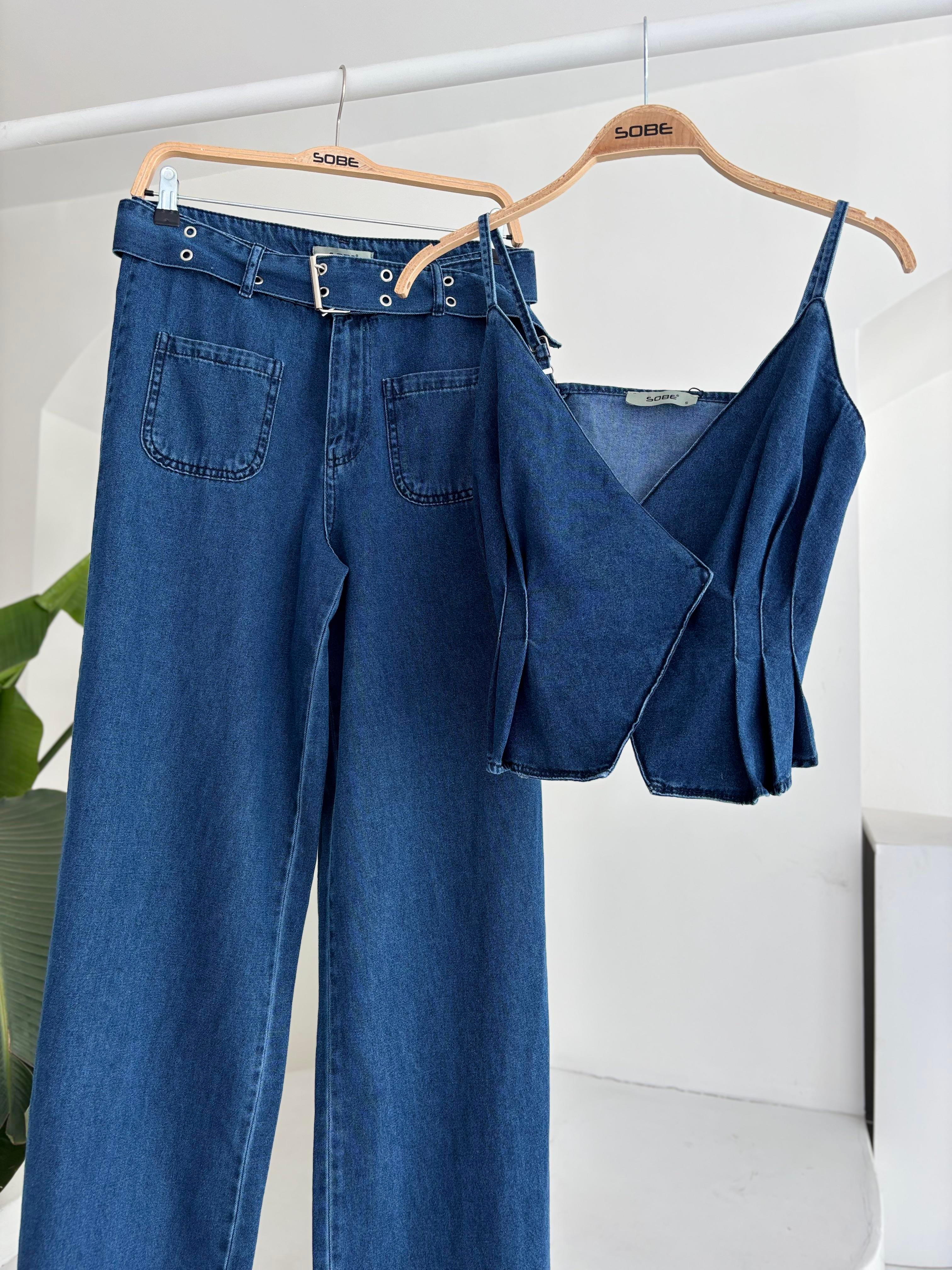 S5Y10166Kalın Kemer Detaylı Denim Takım 10166