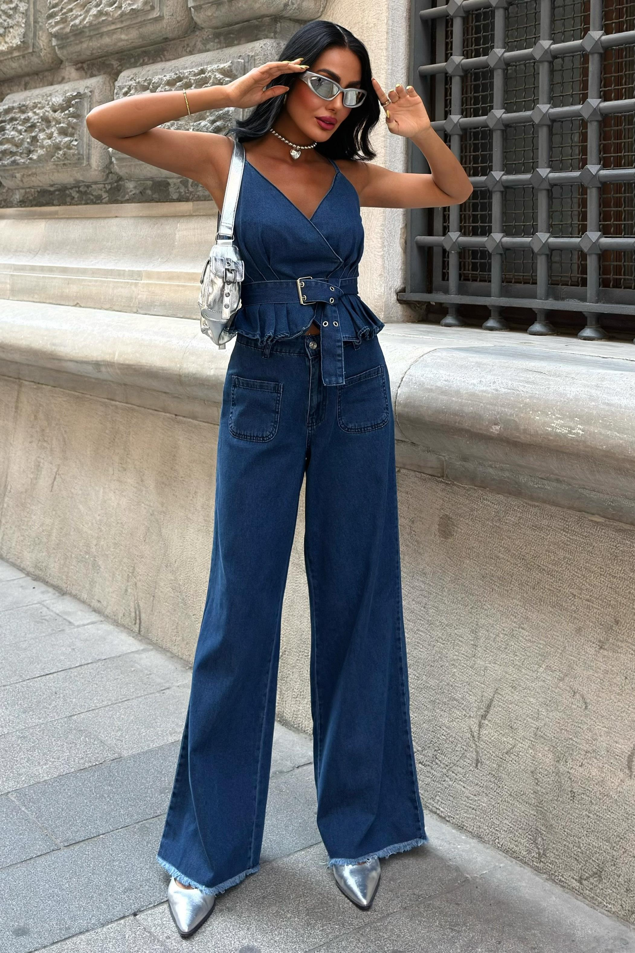 S5Y10166Kalın Kemer Detaylı Denim Takım 10166