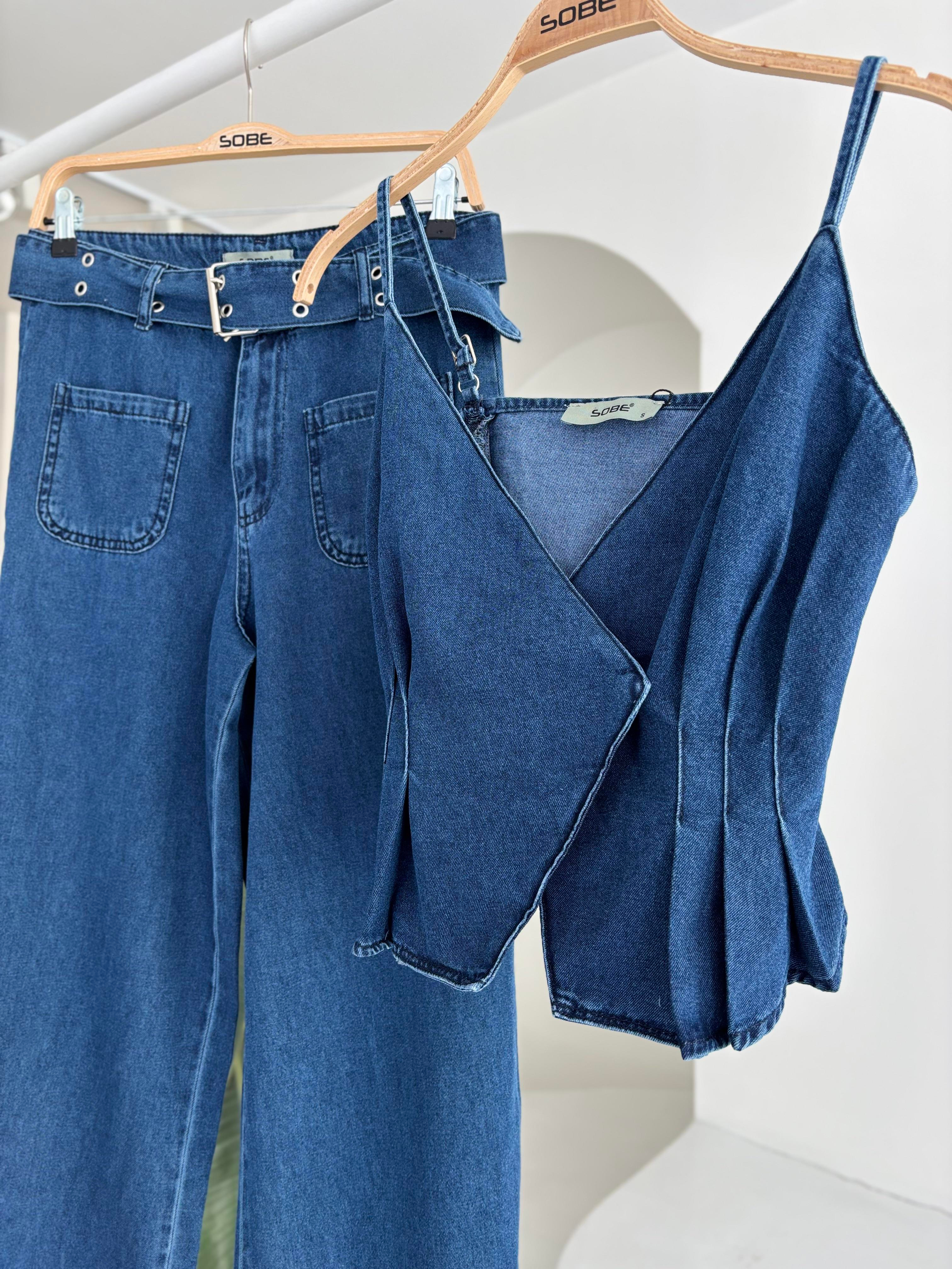 S5Y10166Kalın Kemer Detaylı Denim Takım 10166