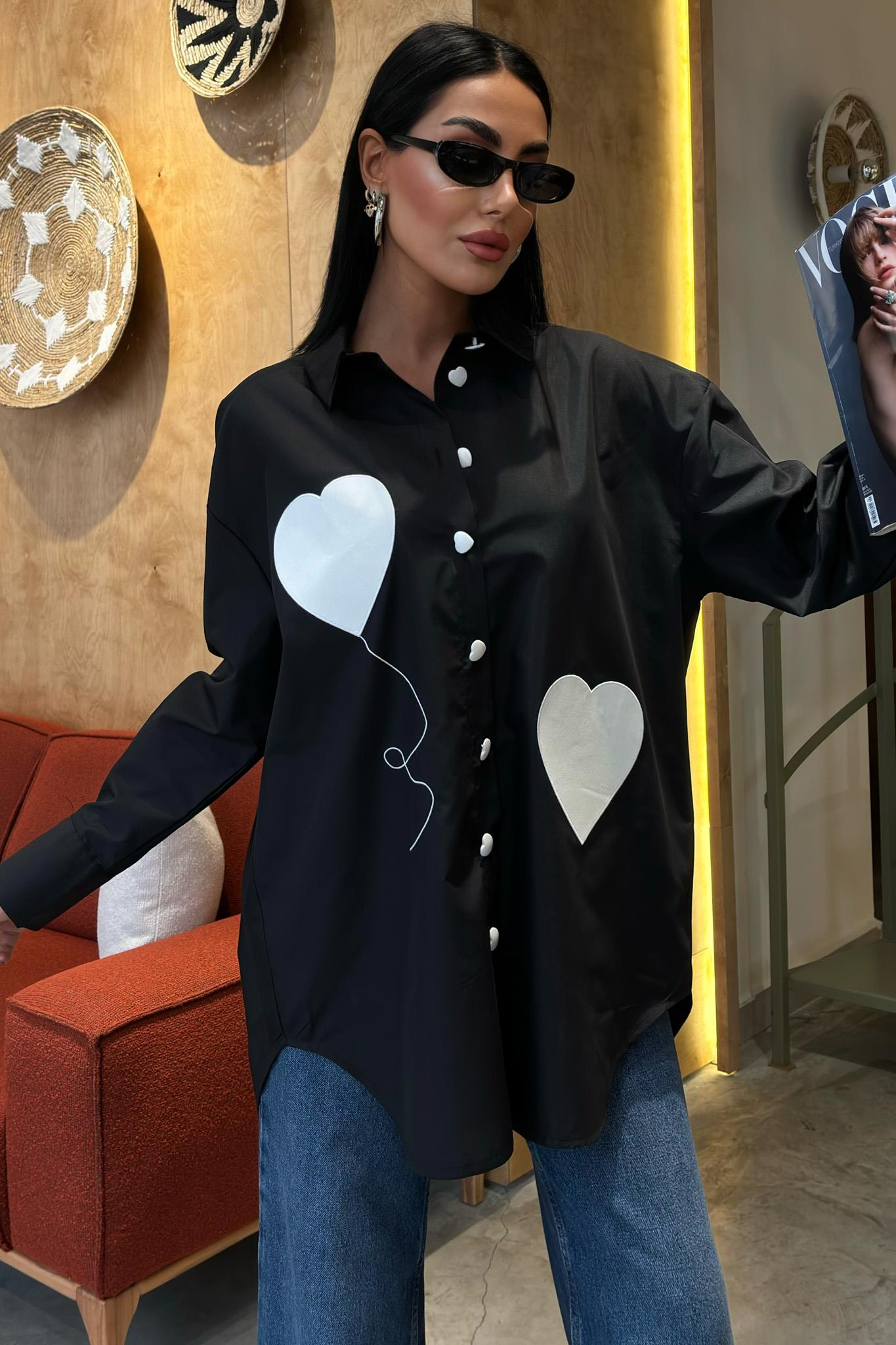 S5Y3430Kalp Nakışlı ve Düğme Detaylı Oversize Gömlek 3430