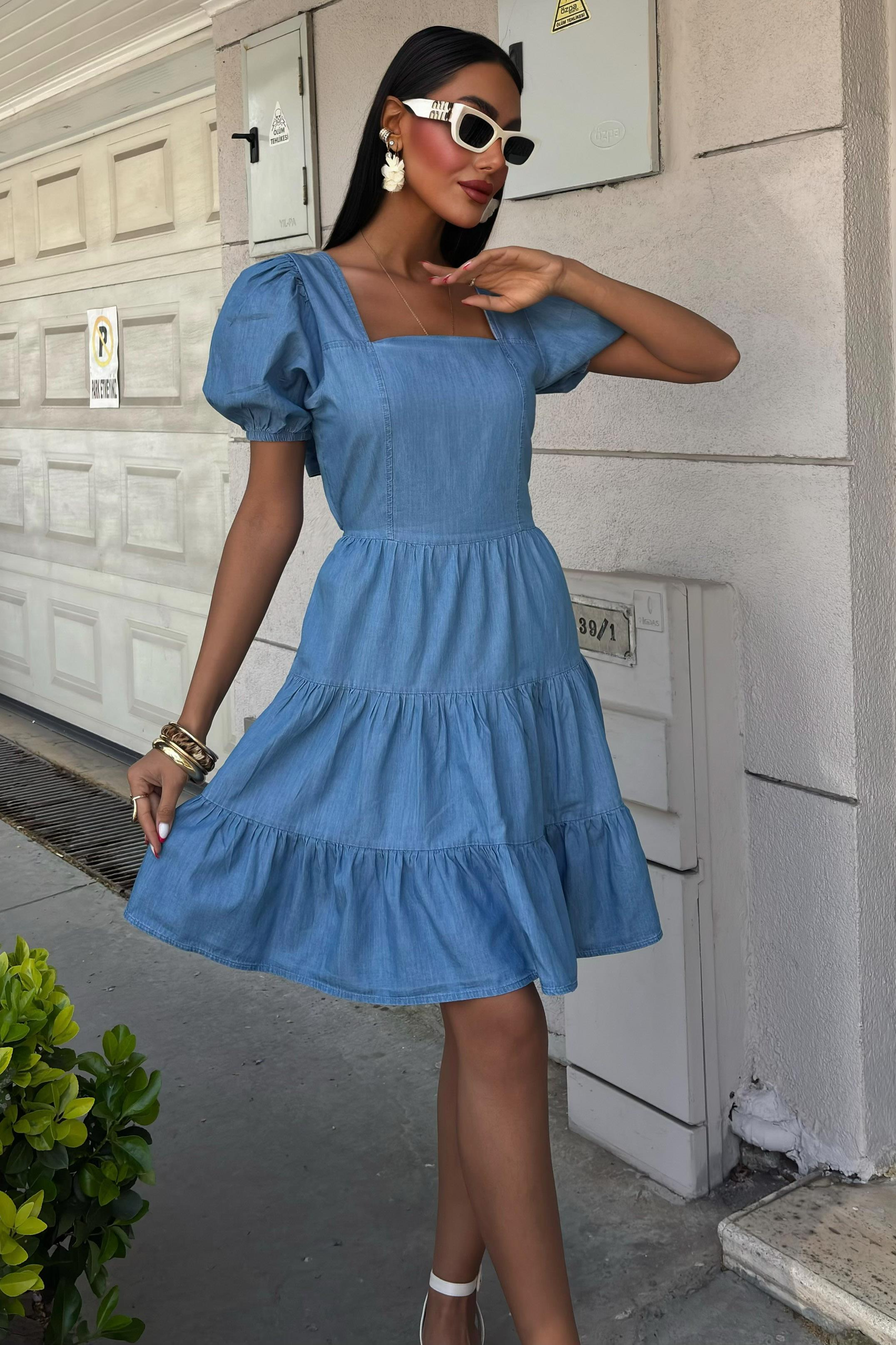 S5Y2883Kare Yakalı ve Gipe Detaylı Tensel Elbise 2883