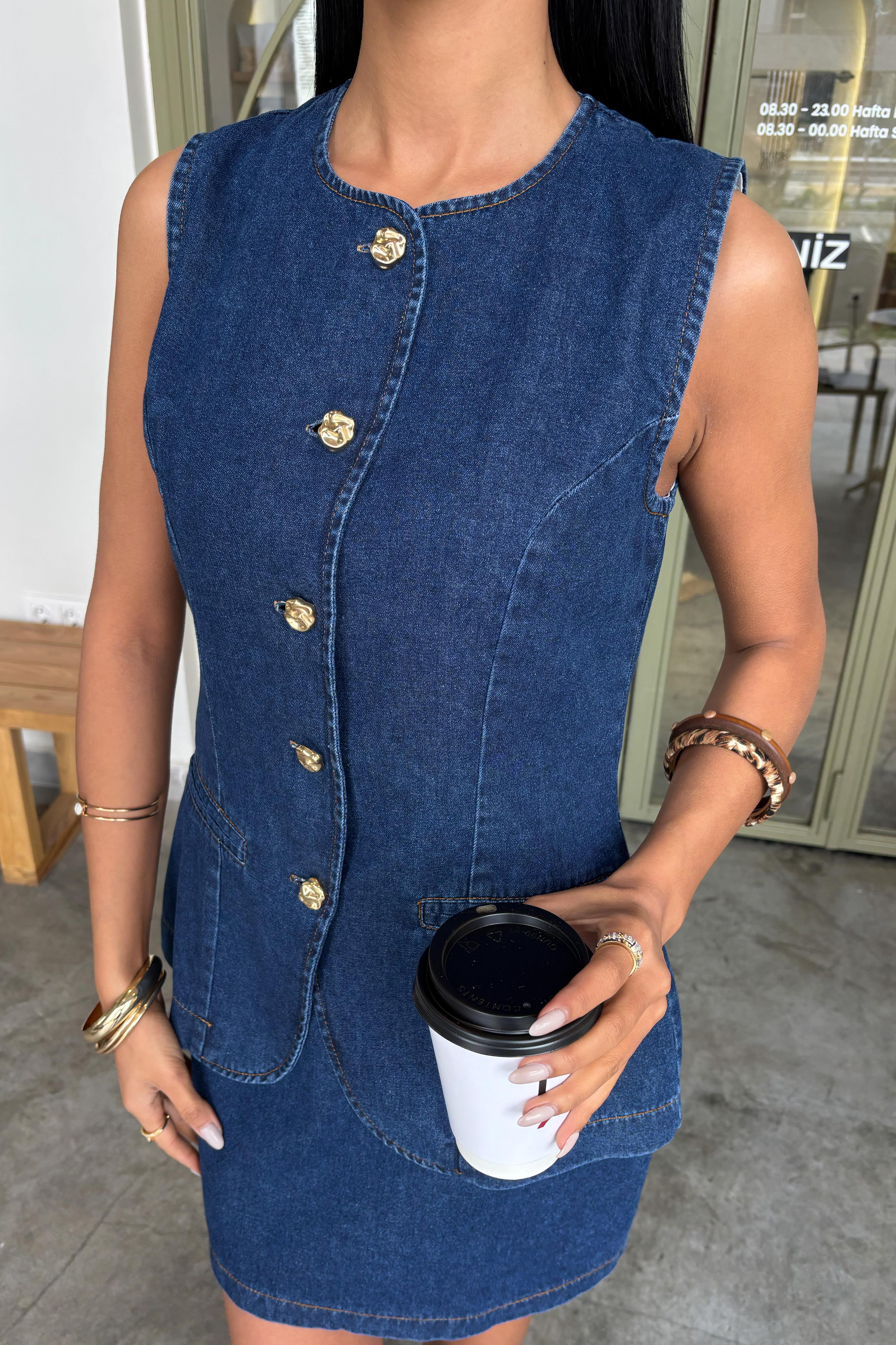 S5Y10164Kolsuz Yelekli Mini Etekli Denim Takım 10164