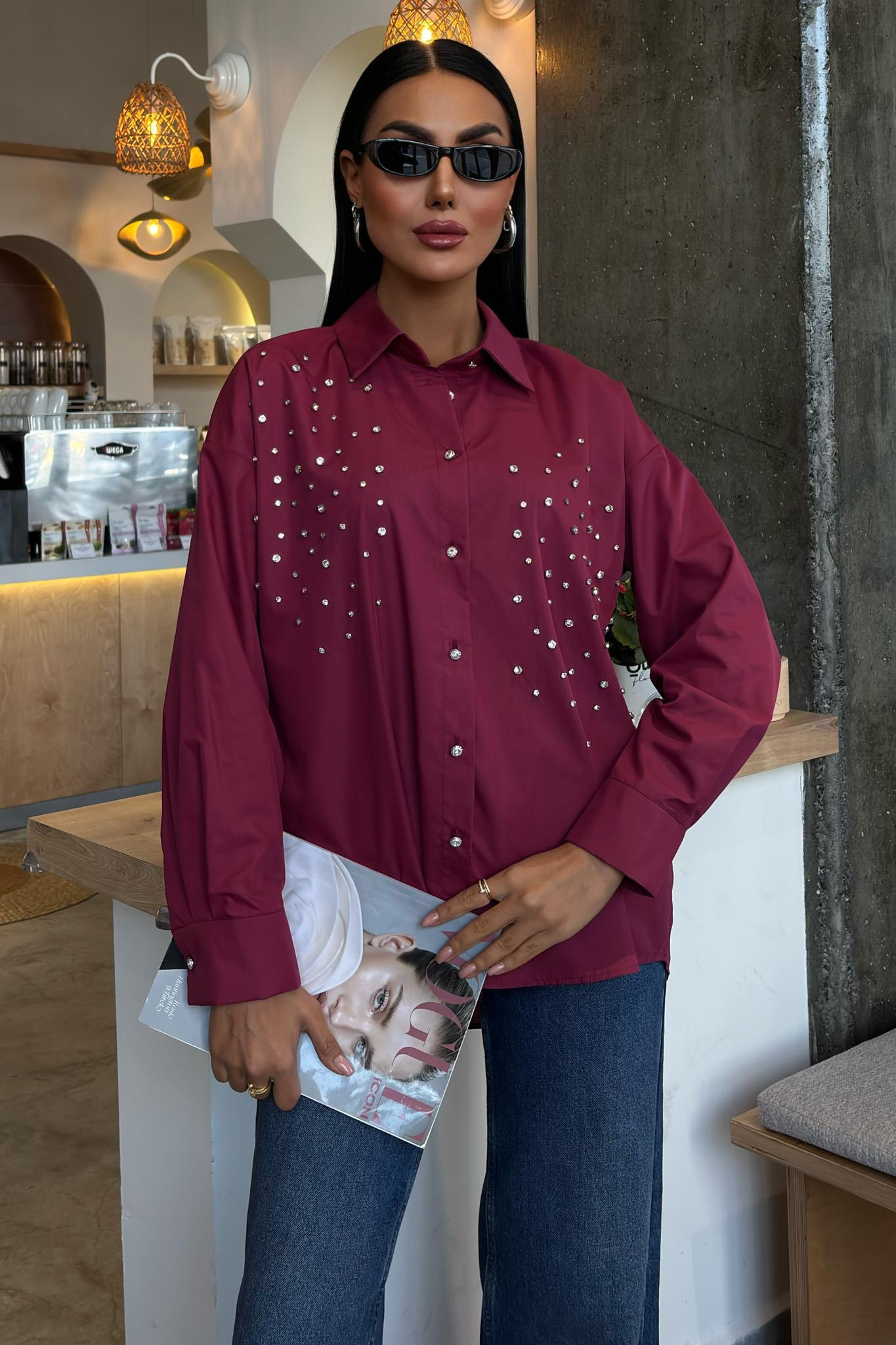 S5Y3413Kristal Taş Çakımlı Poplin Gömlek 3413