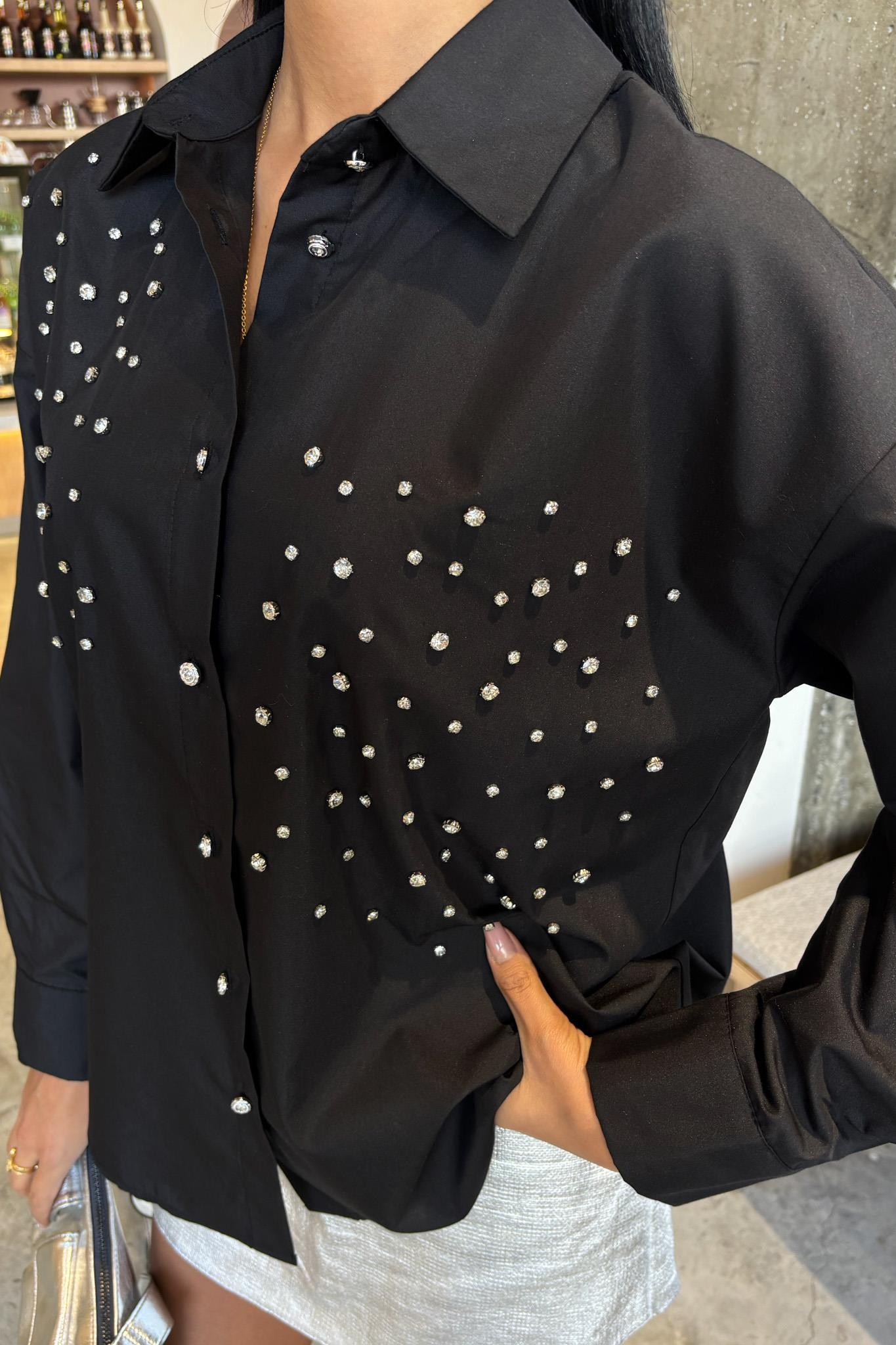 S5Y3413Kristal Taş Çakımlı Poplin Gömlek 3413