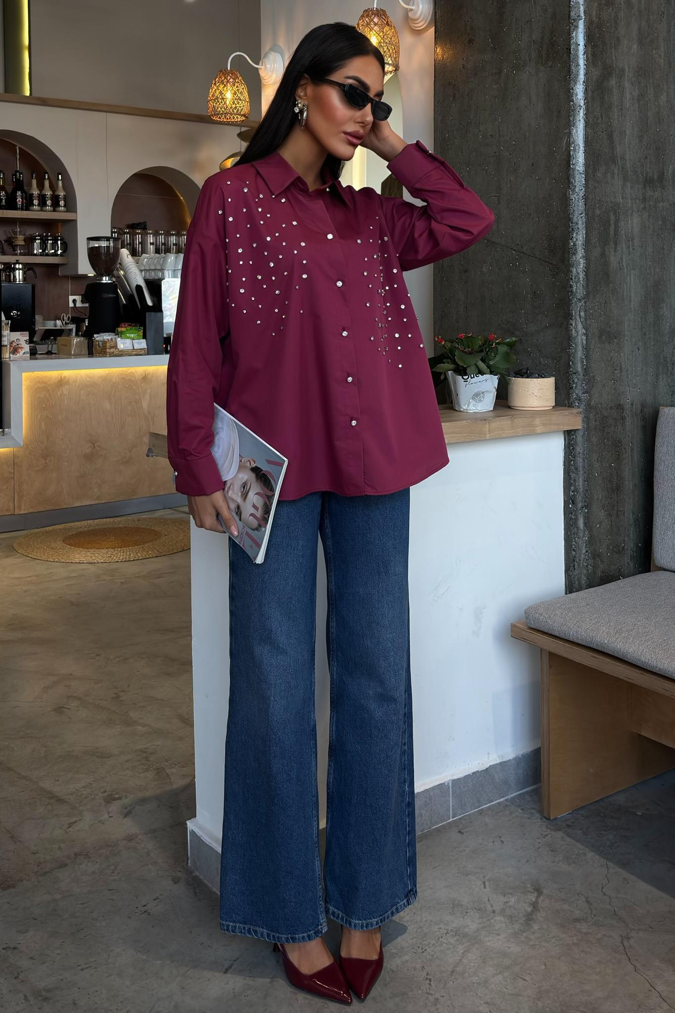 S5Y3413Kristal Taş Çakımlı Poplin Gömlek 3413