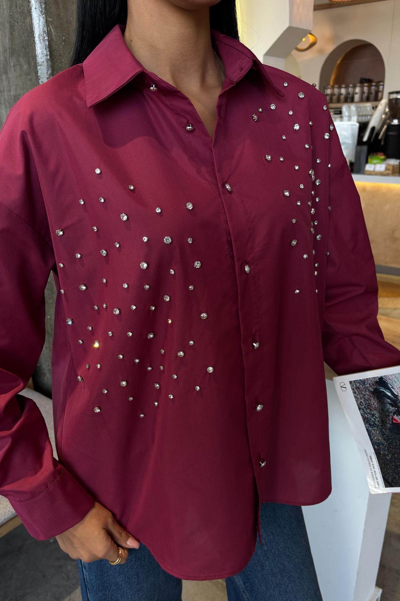 S5Y3413Kristal Taş Çakımlı Poplin Gömlek 3413