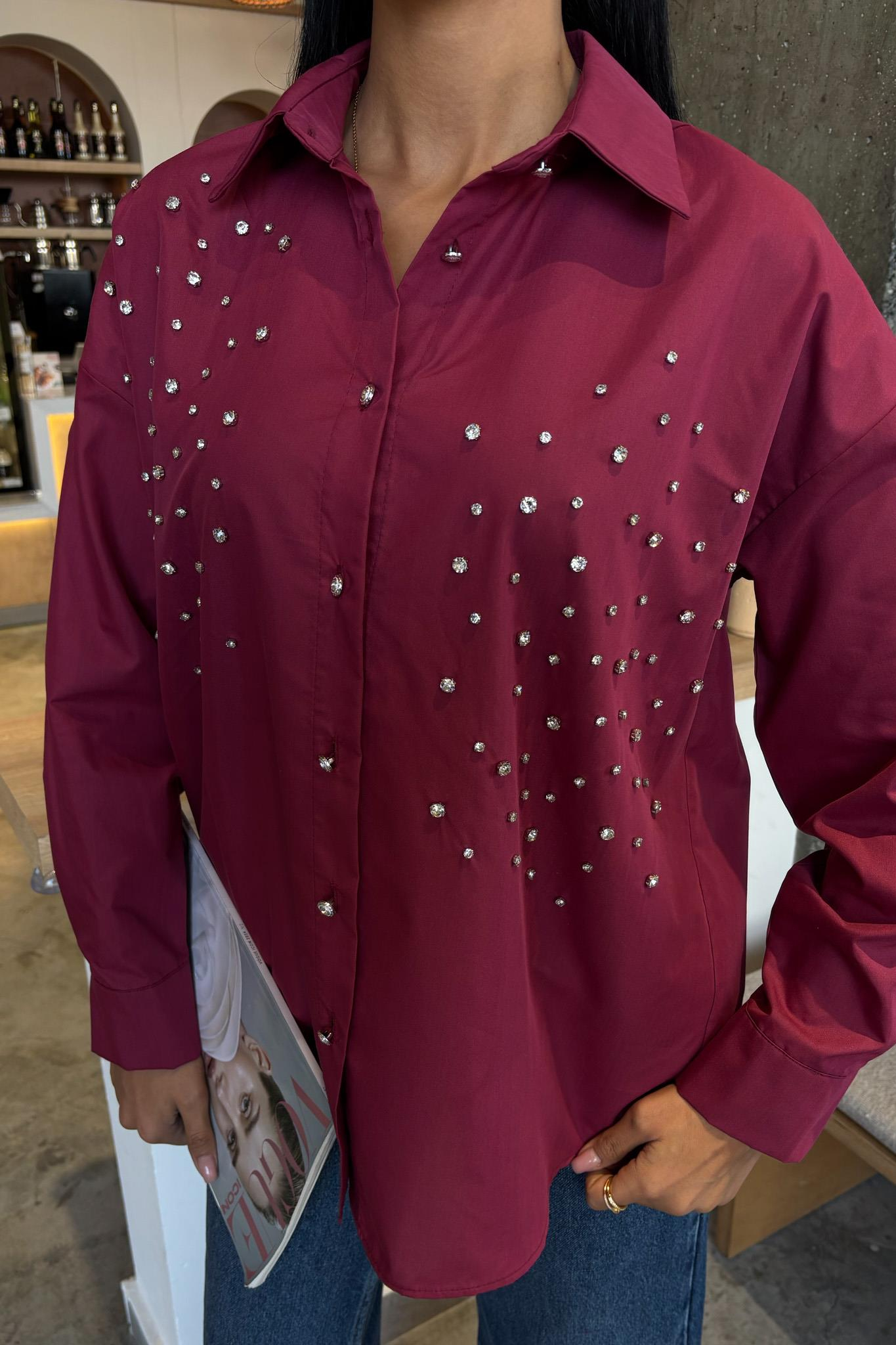 S5Y3413Kristal Taş Çakımlı Poplin Gömlek 3413