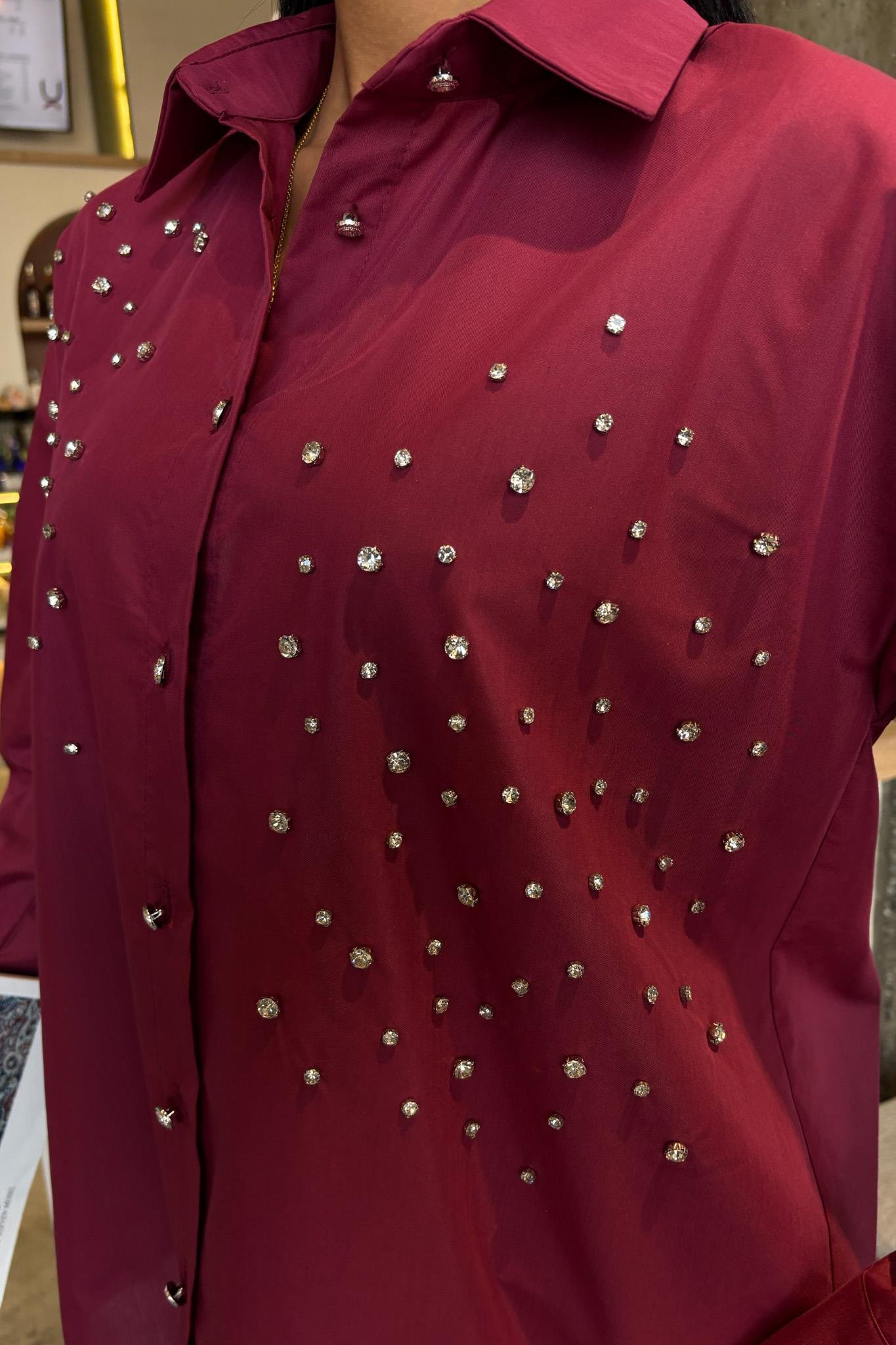 S5Y3413Kristal Taş Çakımlı Poplin Gömlek 3413