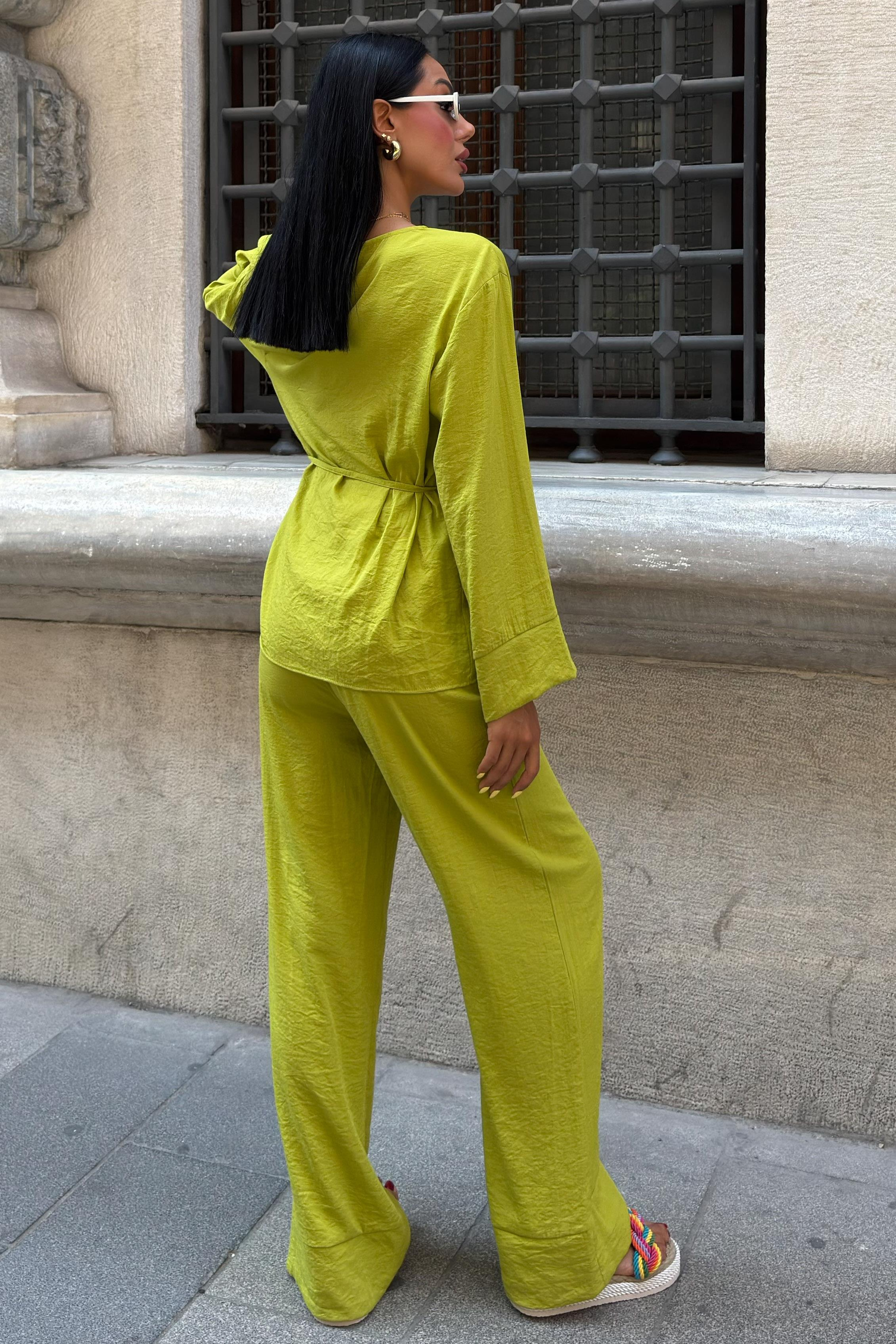 S5Y10191Kruvaze Model Klasik Pantolonlu Çupra Keten Takım 10191