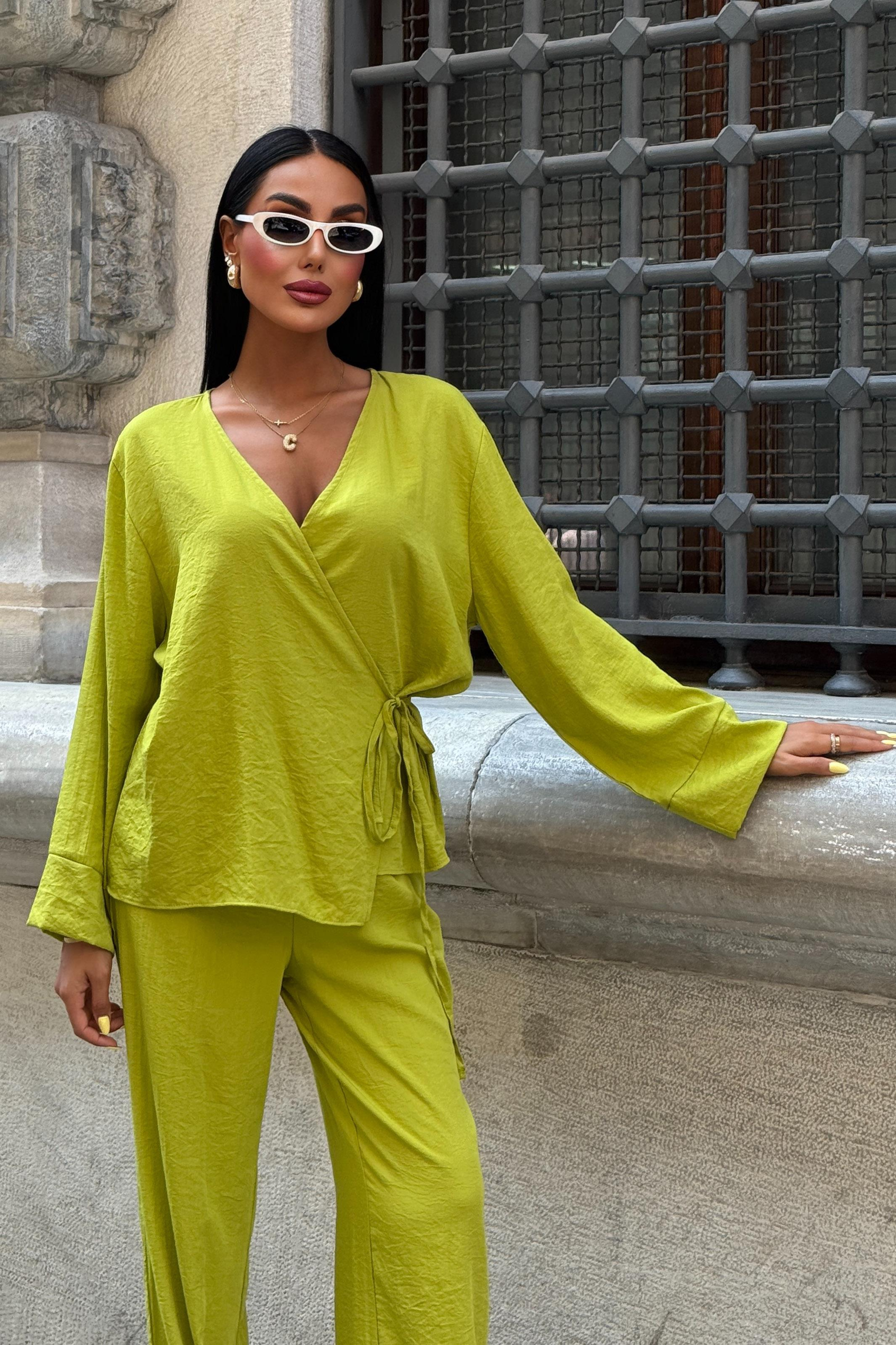 S5Y10191Kruvaze Model Klasik Pantolonlu Çupra Keten Takım 10191