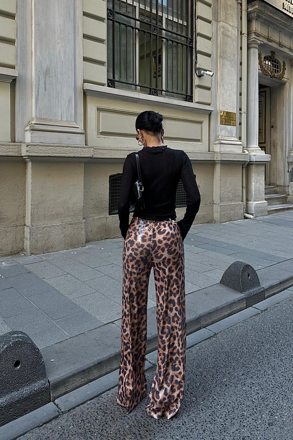 S5K0074Leopar Baskılı Pul Payet Pantolon 0074