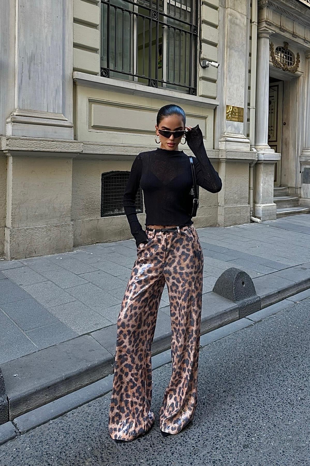 S5K0074Leopar Baskılı Pul Payet Pantolon 0074