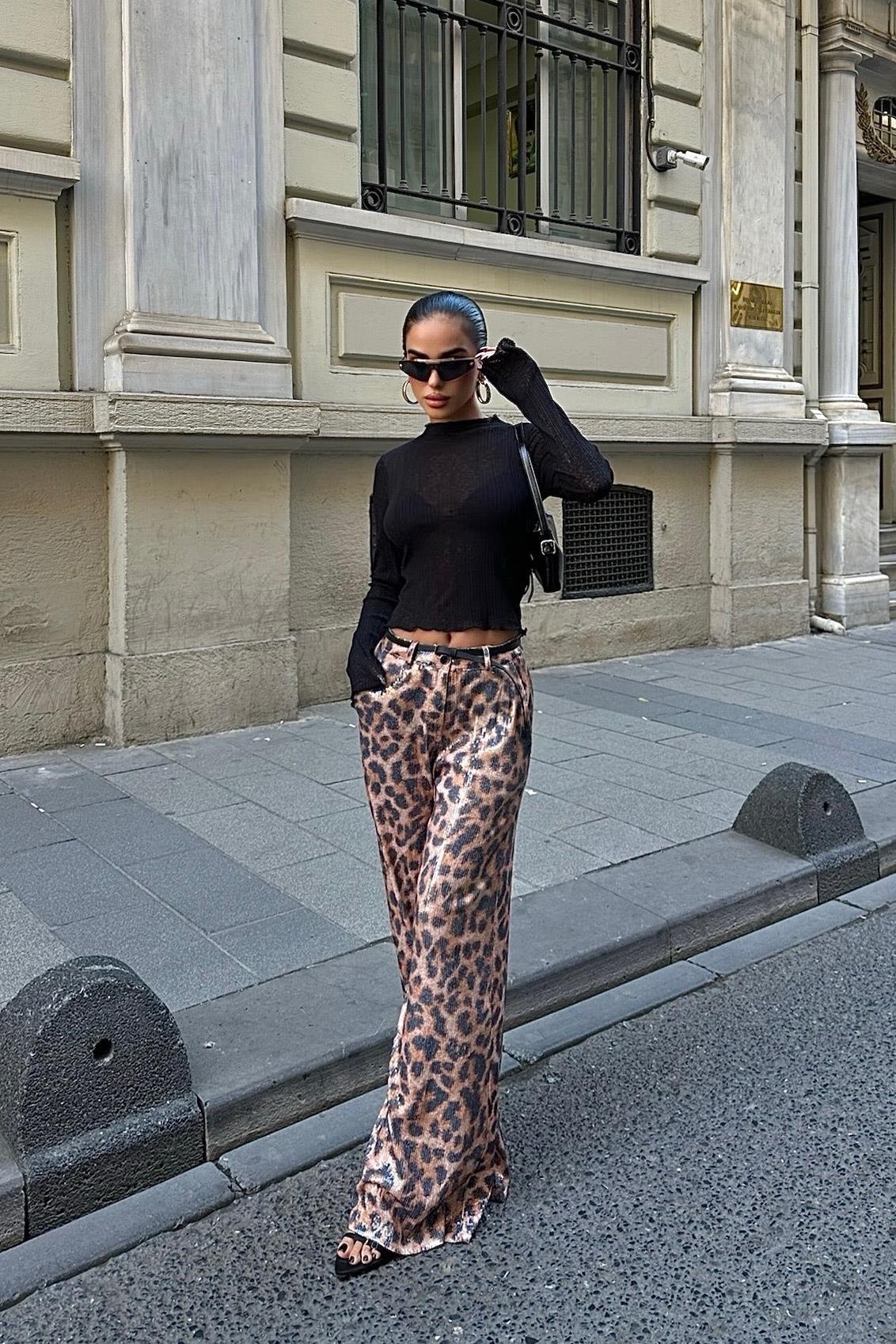 S5K0074Leopar Baskılı Pul Payet Pantolon 0074