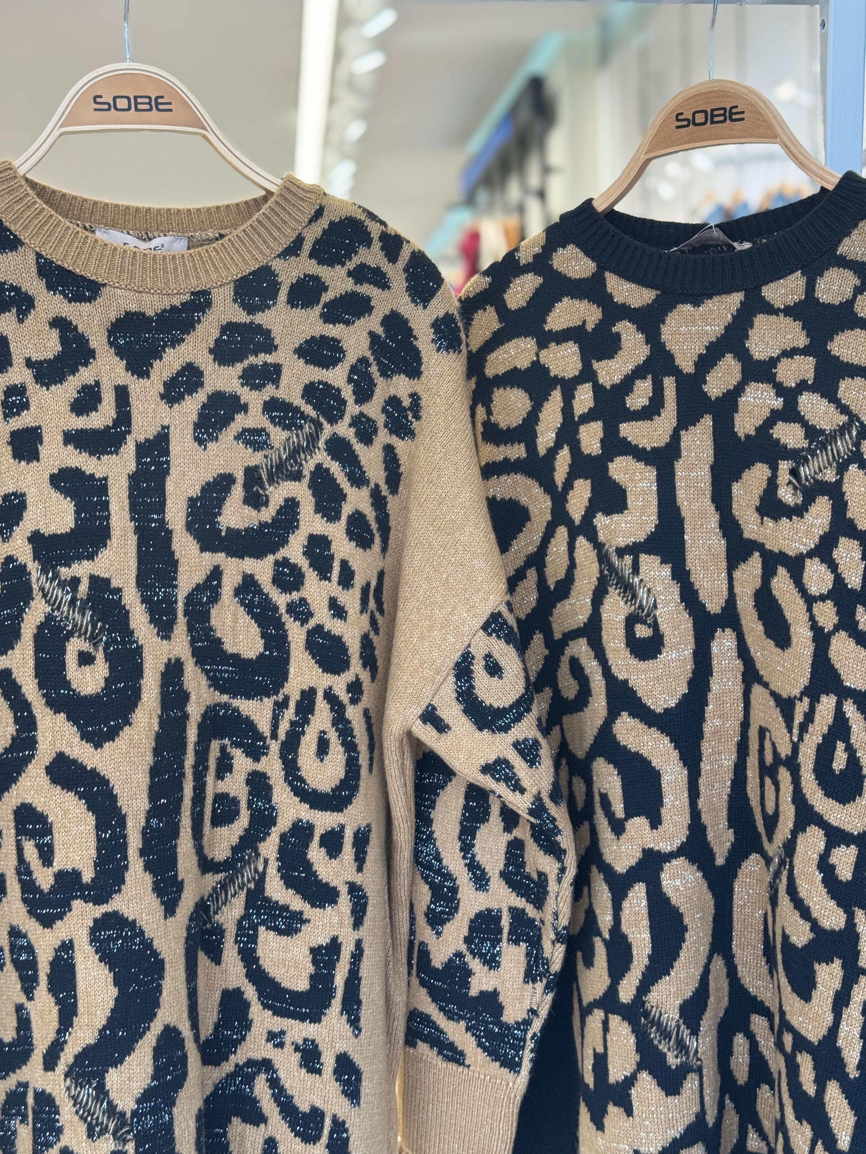 S5K1344Leopard Patterned Ripped Detailed Sweater 1344