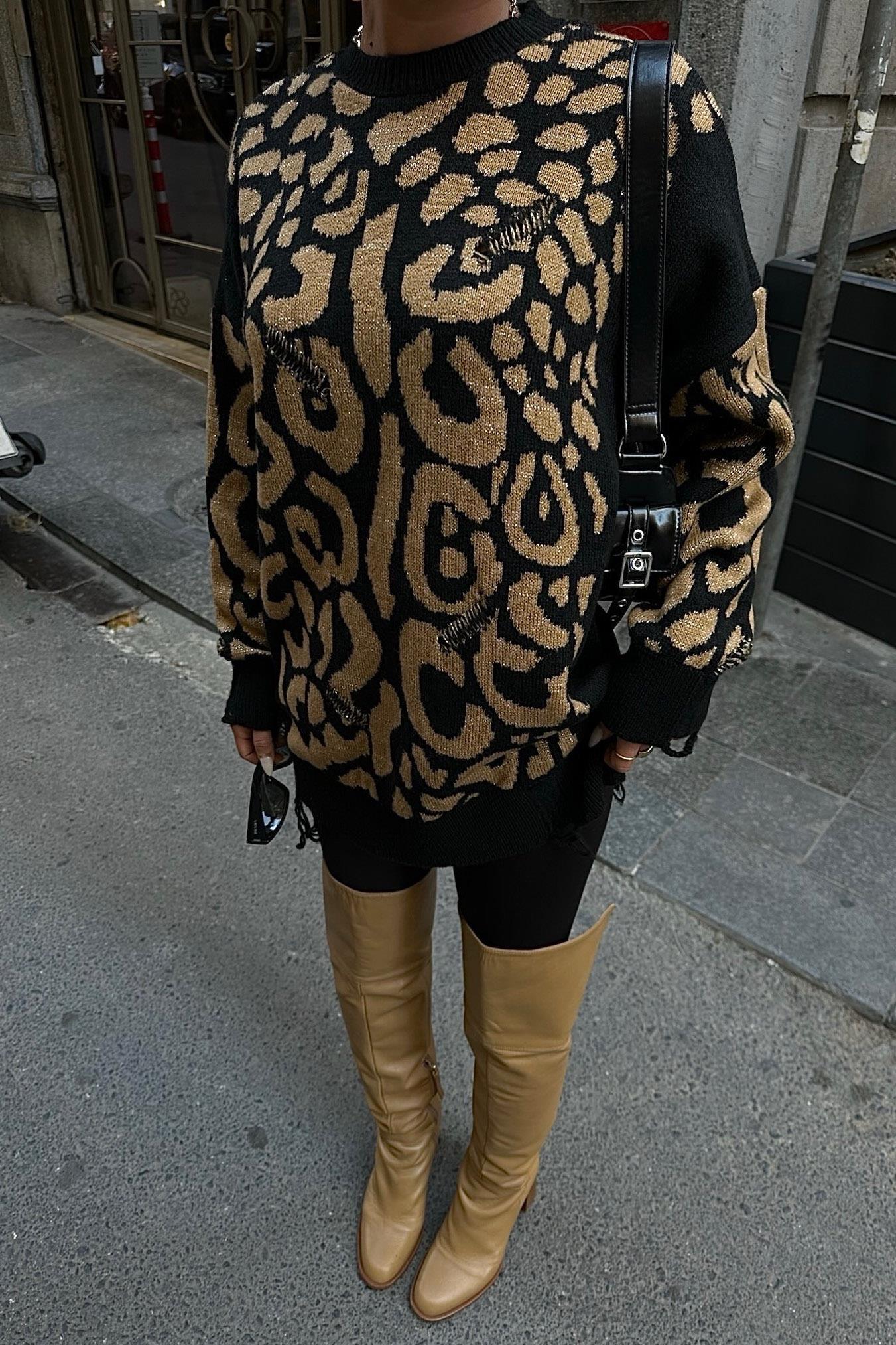 S5K1344Leopard Patterned Ripped Detailed Sweater 1344