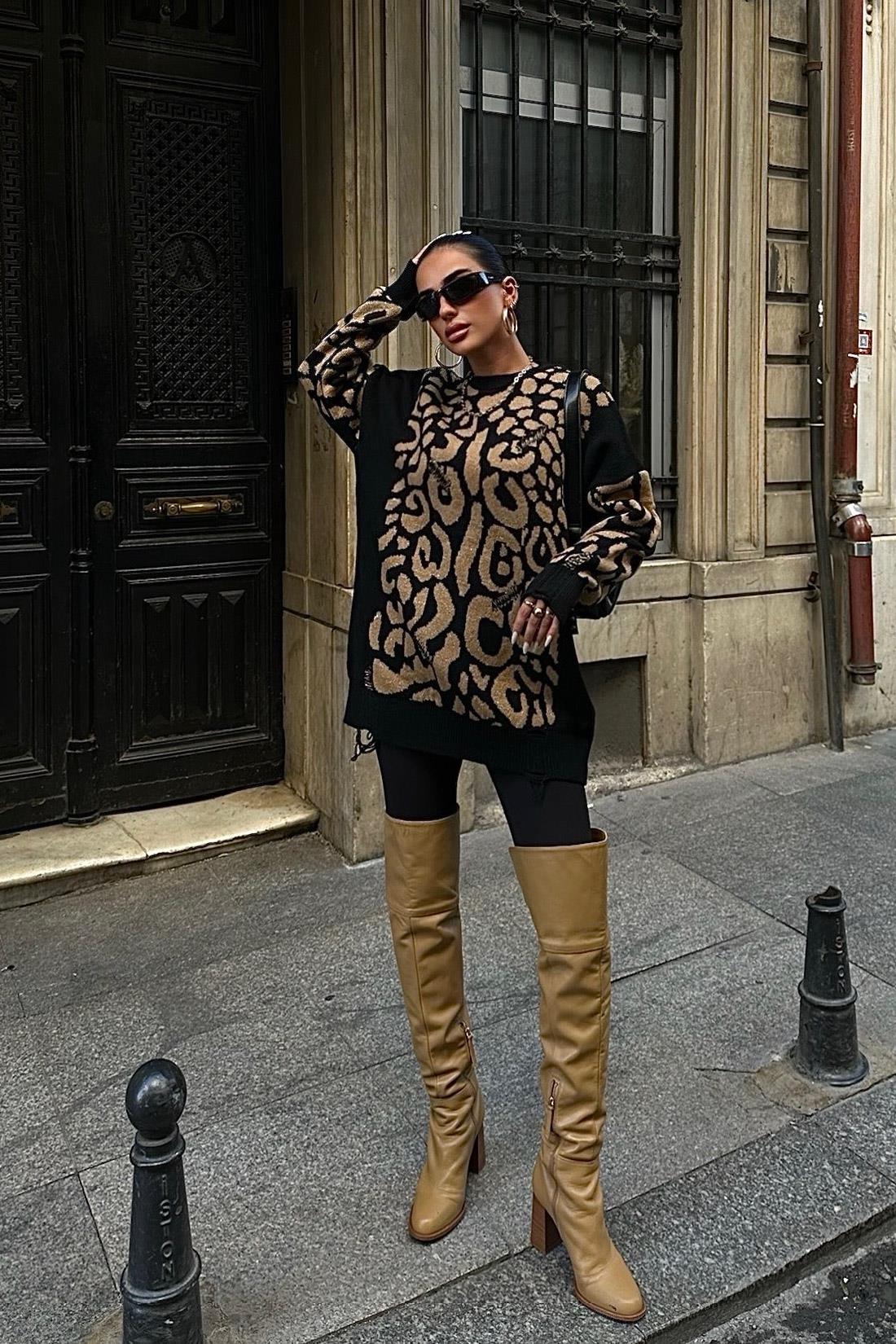 S5K1344Leopard Patterned Ripped Detailed Sweater 1344